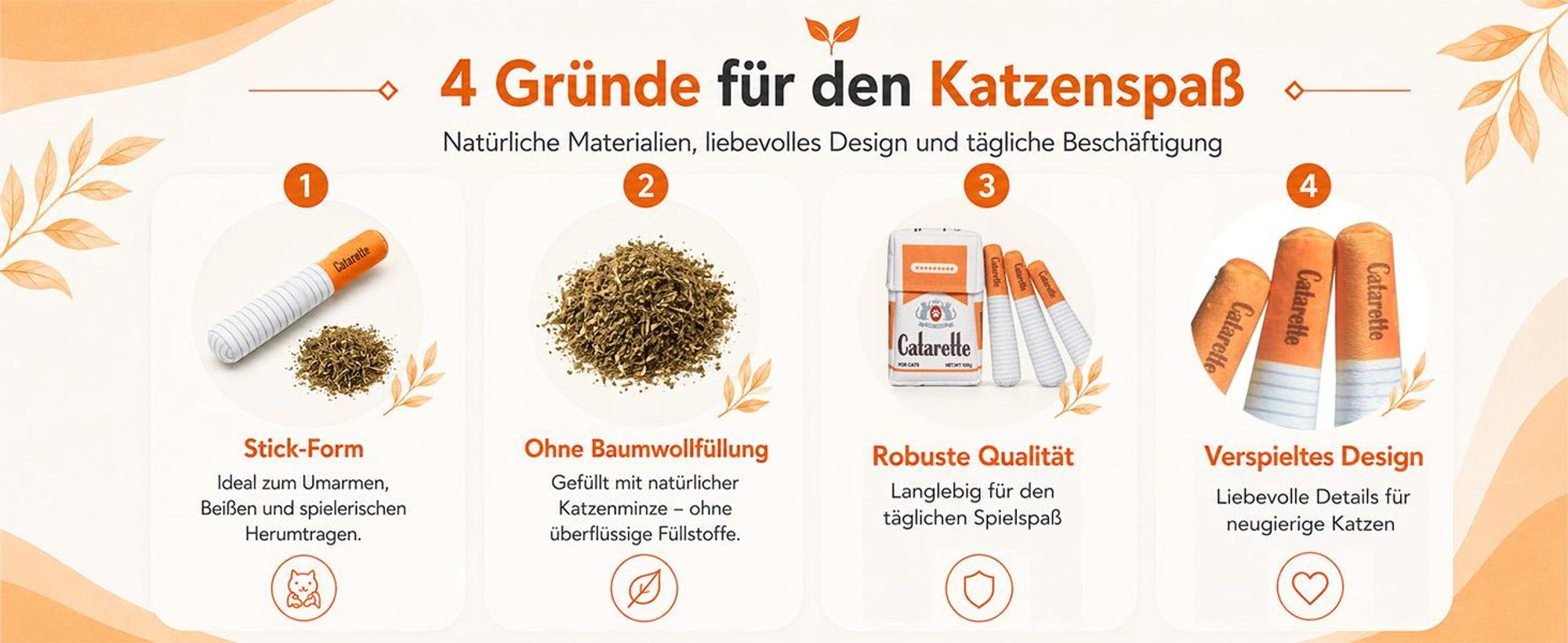 Catarette Katzenzigarette – Katzenspielzeug mit Katzenminze, 3er-Set aus Plüsch, Orange