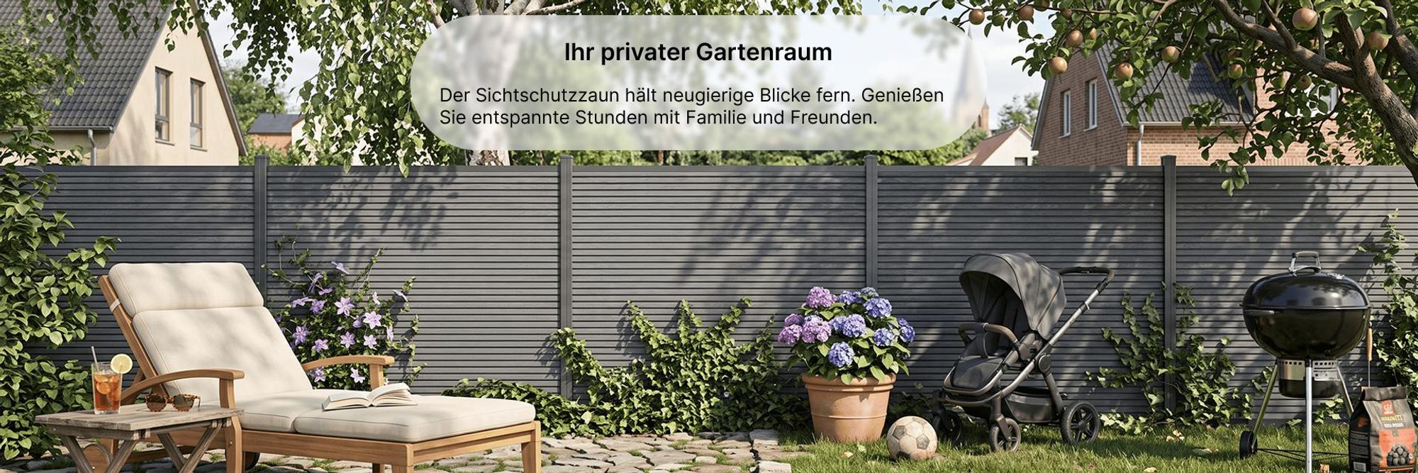 MinteChill WPC Gartenzaun, Sichtschutzzaun Komplettset Anthrazit 526x185cm Alu-Pfosten