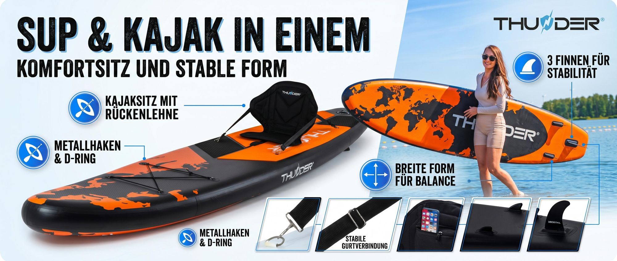 Thunder Earth Stand Up Paddle Board 365 x 75 x 15 cm Orange 150 kg