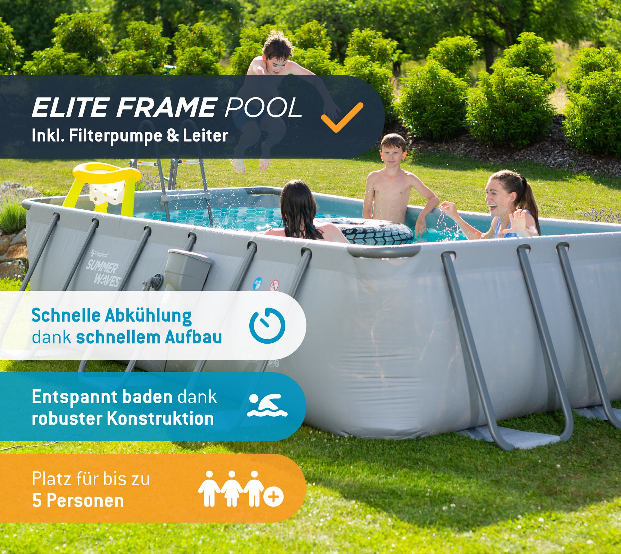 Summer Waves Elite Frame Pool Aufstellpool rund Komplettset Grau Ø 488x122 cm