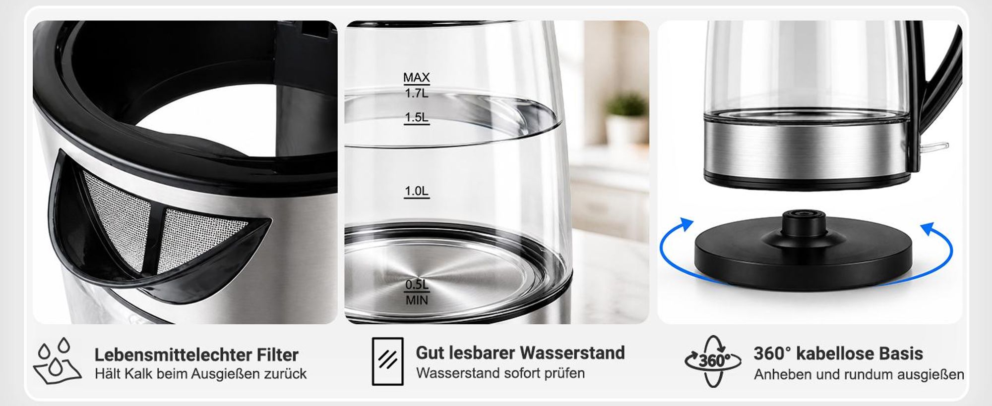 YASHE Wasserkocher Glas 1,7L 2200W mit Schnellkochfunktion und LED-Licht