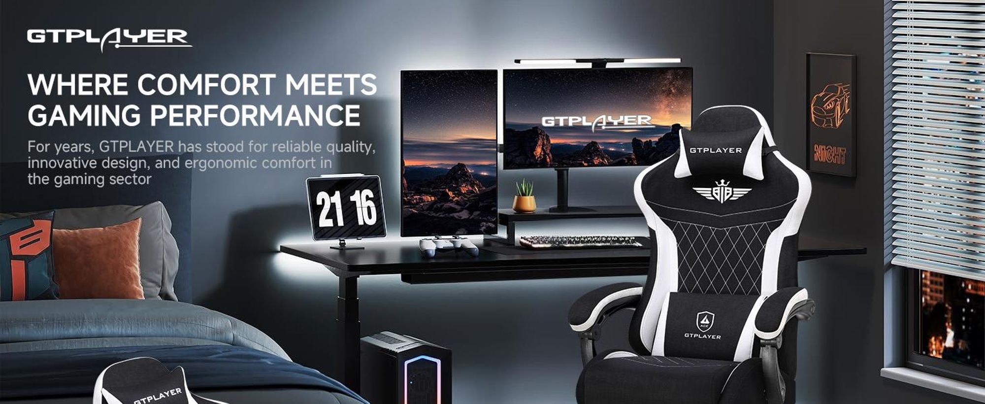 GTPLAYER Gaming Stuhl, Ergonomischer Gamer Stuhl aus Stoff mit Lendenwirbelstütze, PC-Stuhl mit verbreiterter Rückenlehne, Belastbar bis 150 kg, Schwa
