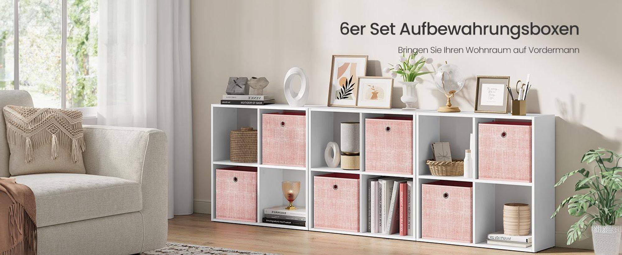 SONGMICS Ordnungsboxen, 6er Set, aus Vliesstoff mit Griff, 30 x 30 x 30 cm, Organizer Box, für Würfelregal, Faltbox, rosa