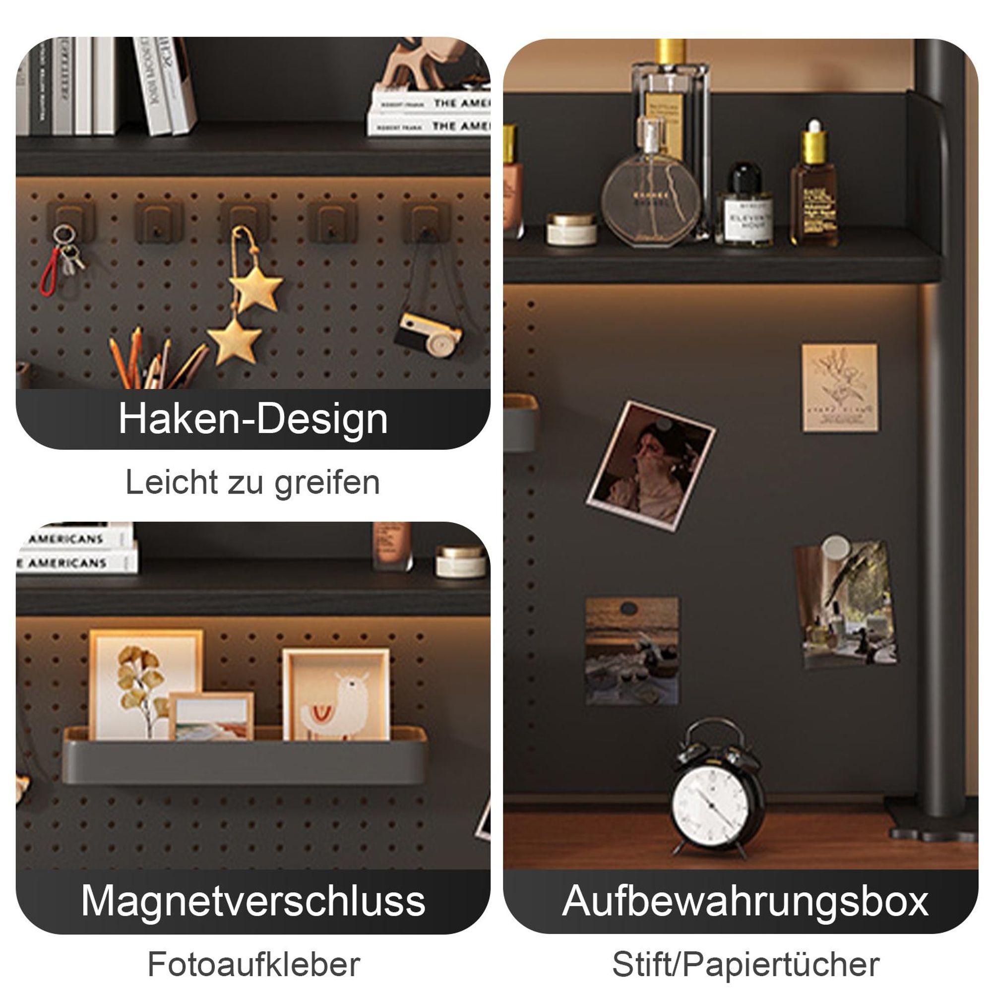TWSOUL Bücherregal Tisch-Organizer ohne Bohren, Multifunktionales Regal mit Klemmbefestigung, Doppeltem Fallschutz, Haken & Magnettafel,Schwarz