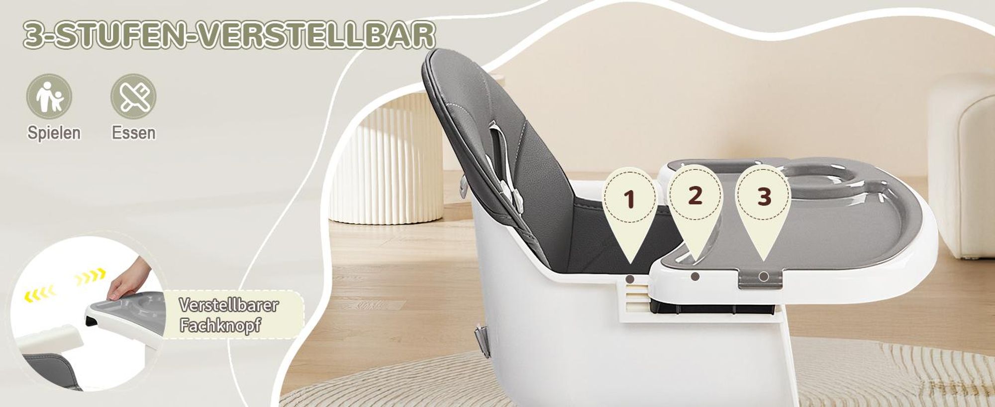 FCH Hochstuhl Baby, Babyhochstuhl, Kinderstuhl, , Abnehmbares Tablett, Sicherheitsgurt, Esszimmerstuhl,Einstellbare Höhe,grau