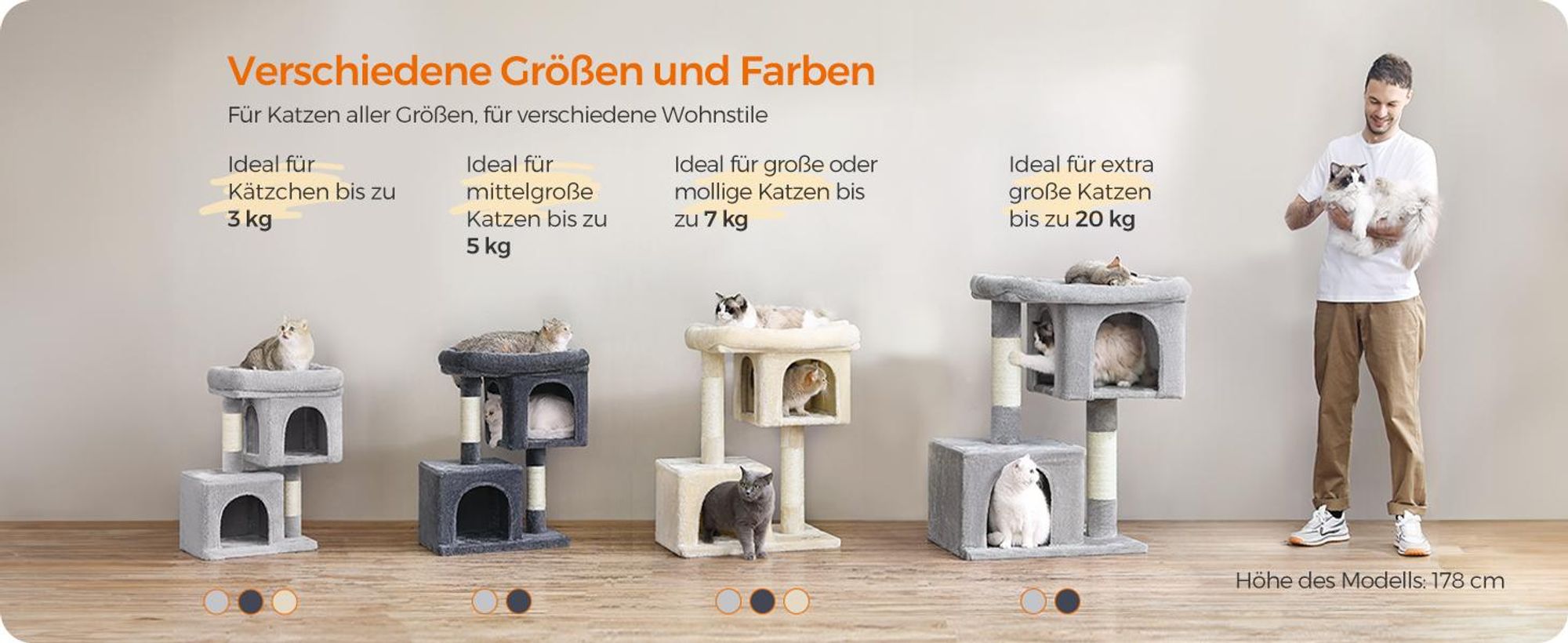 FEANDREA Kratzbaum, L Katzenbaum, mit 2 Häuschen, 101 cm, kompakt, hellgrau