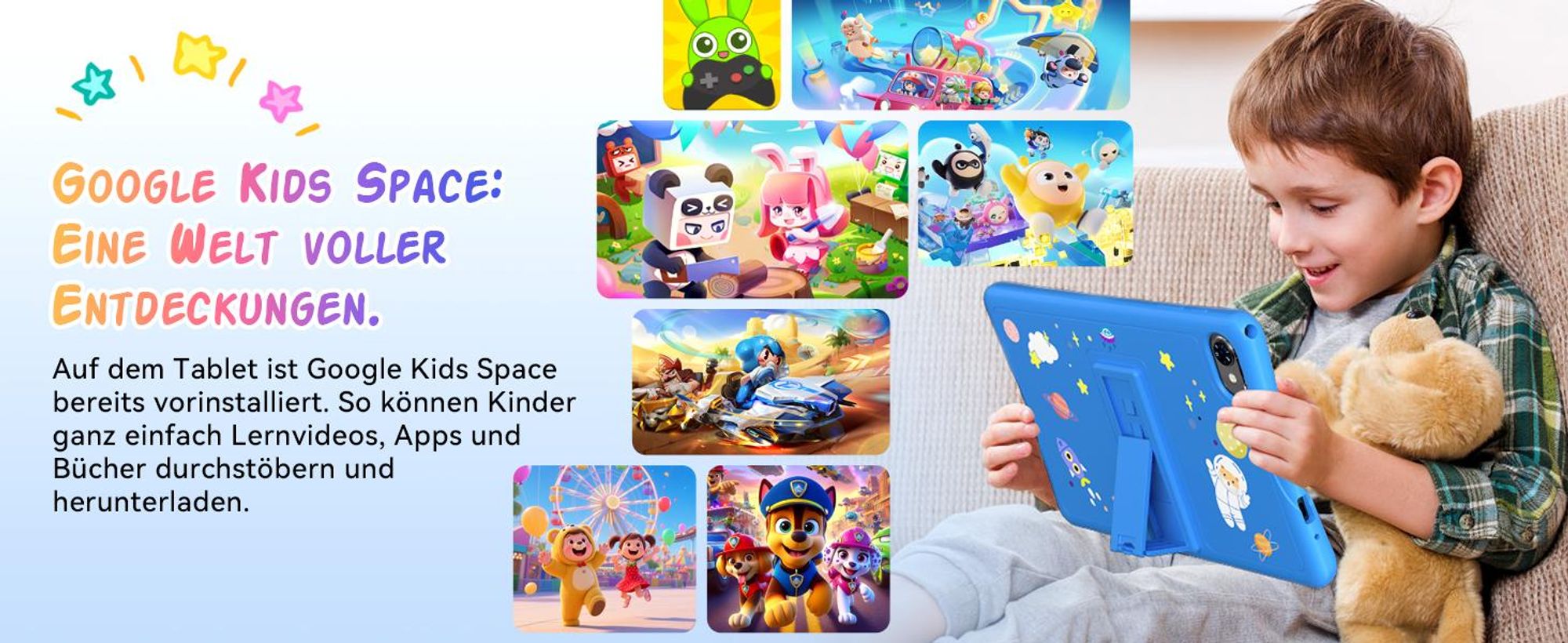 Tabwee K10 Kids 10.1" Blau Tablet, Google Kids Space, 4GB RAM+64GB ROM, Android 15 WiFi Tablet für Kind mit Kindgerechte Hülle und Stift, 5000mAh