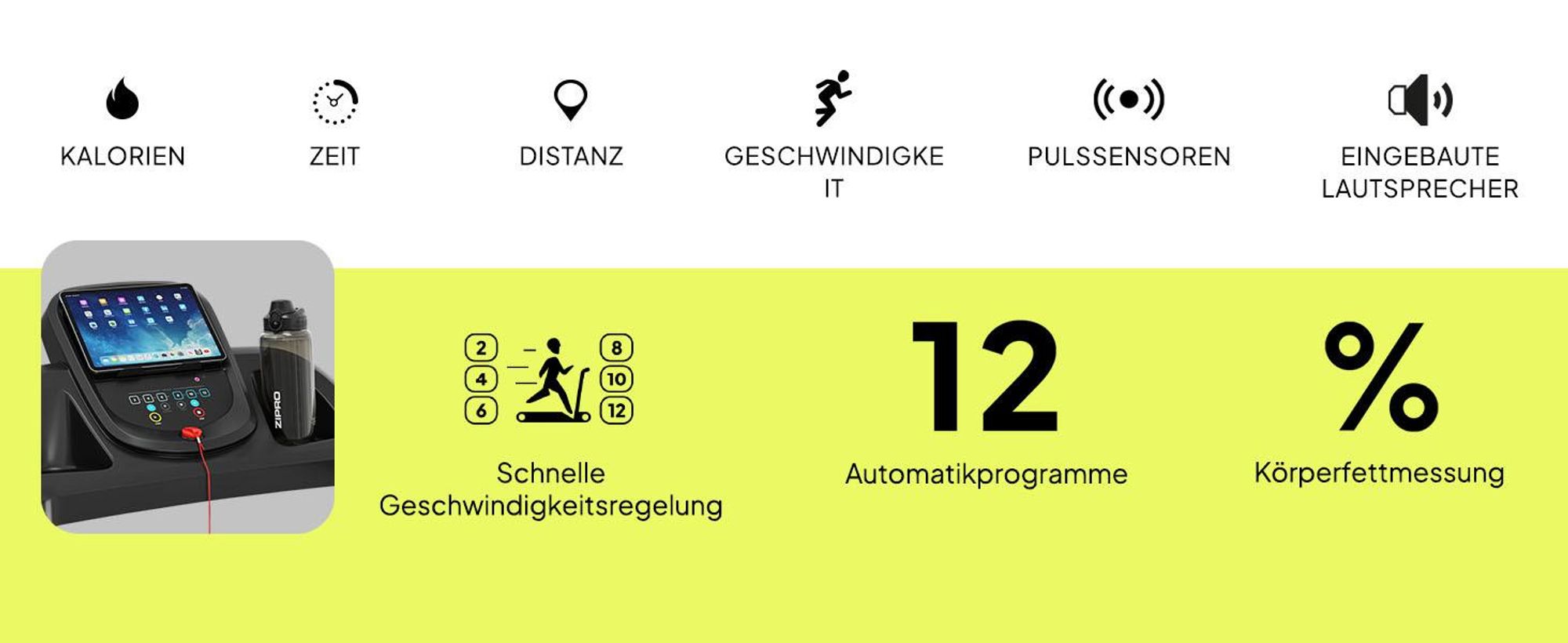 Zipro Tekno klappbares Laufband, 1080 W leiser Elektromotor, breite Lauffläche 40cm Laufband für Zuhause Klappbar mit Steigung SportRun Running Sport
