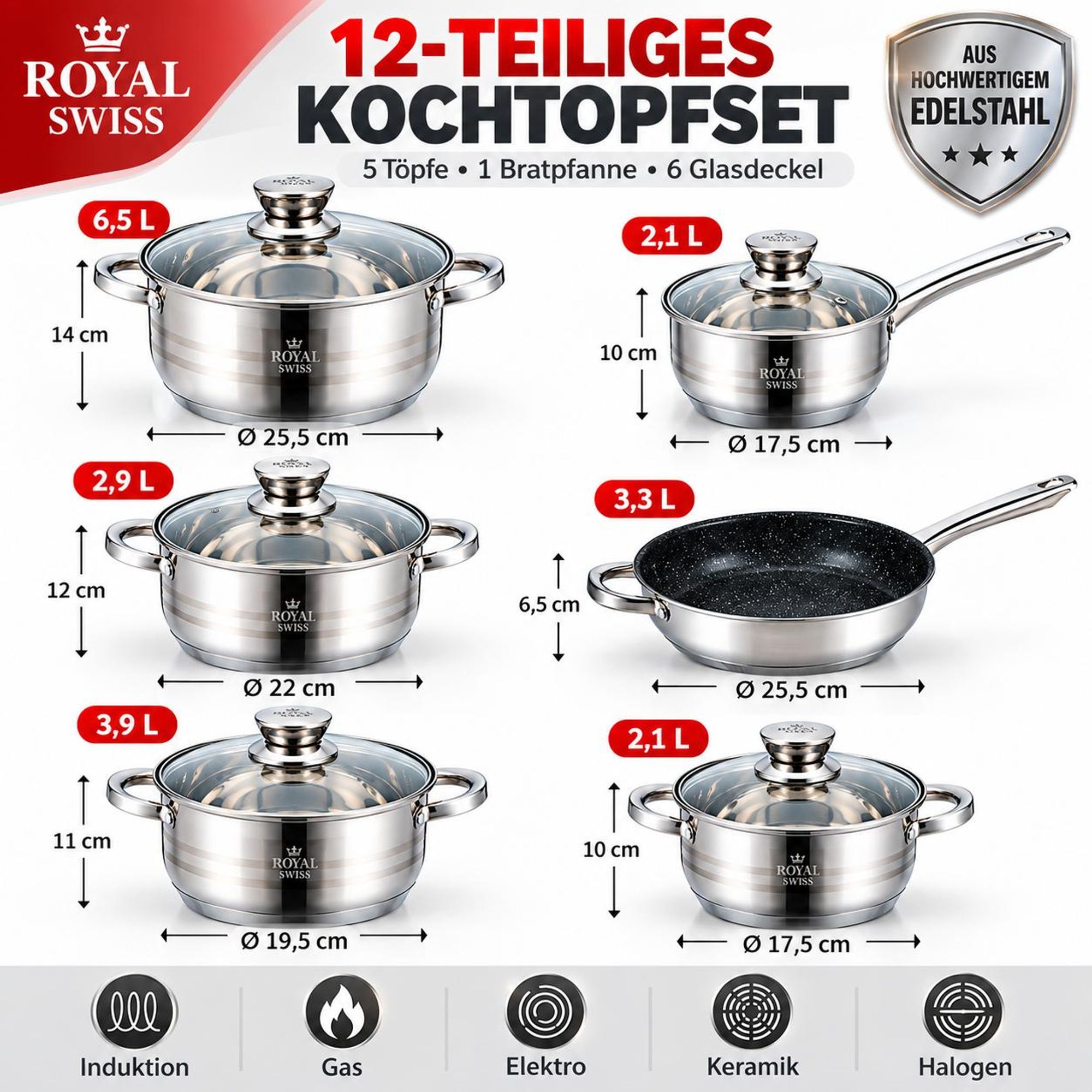 Kochtopfset 12-teilig Edelstahl mit Glasdeckeln Für