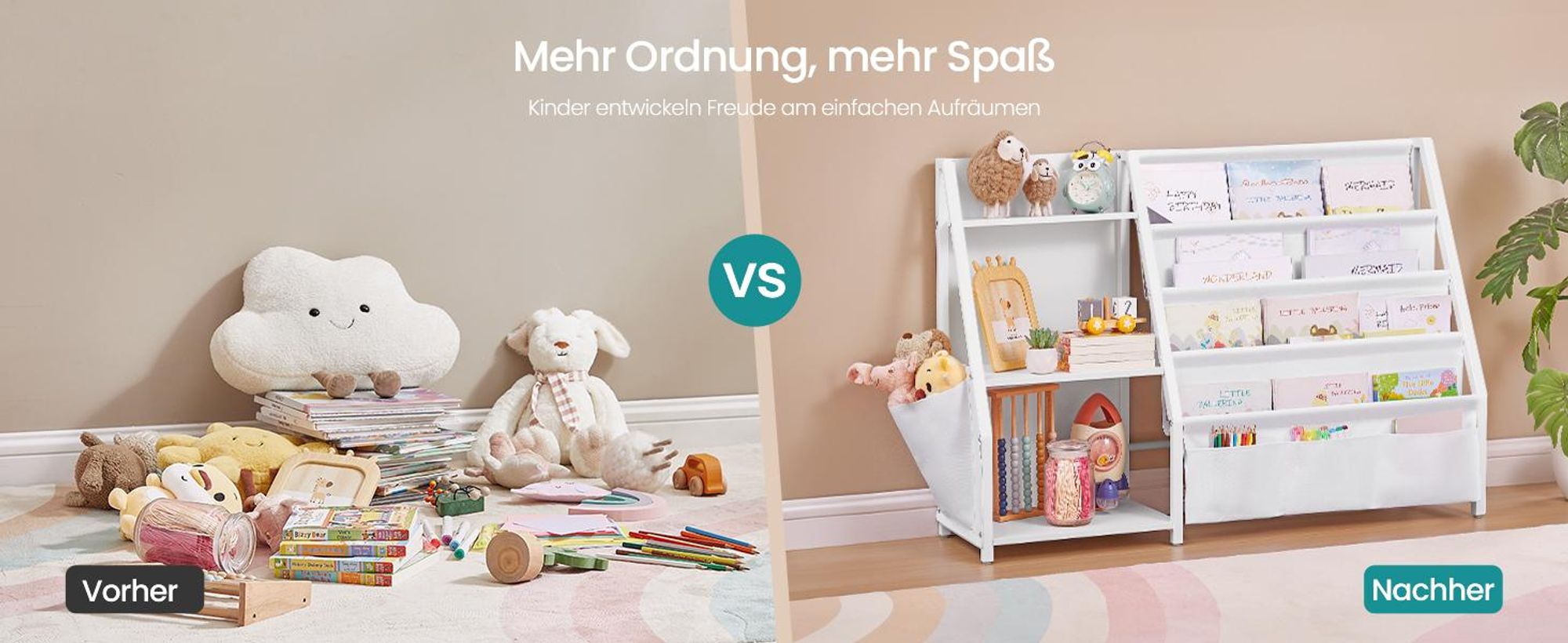 SONGMICS Bücherregal Kinder, mit Seitentasche, 75 cm hoch, Spielzimmer, weiß
