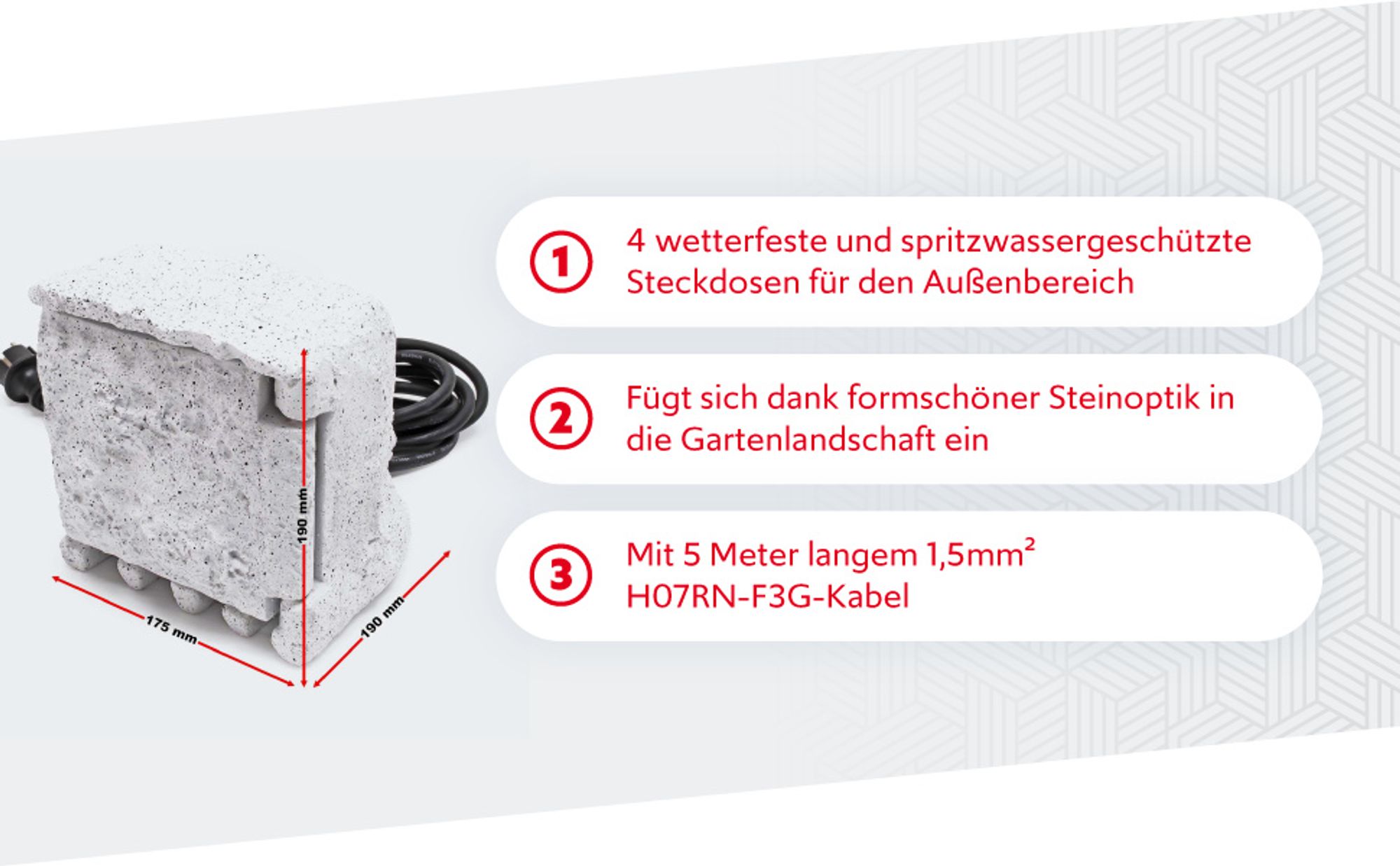 Wiltec 4-fach Gartensteckdose Außensteckdose Kunstharz IP44 Outdoor Steinoptik 5m Kabel