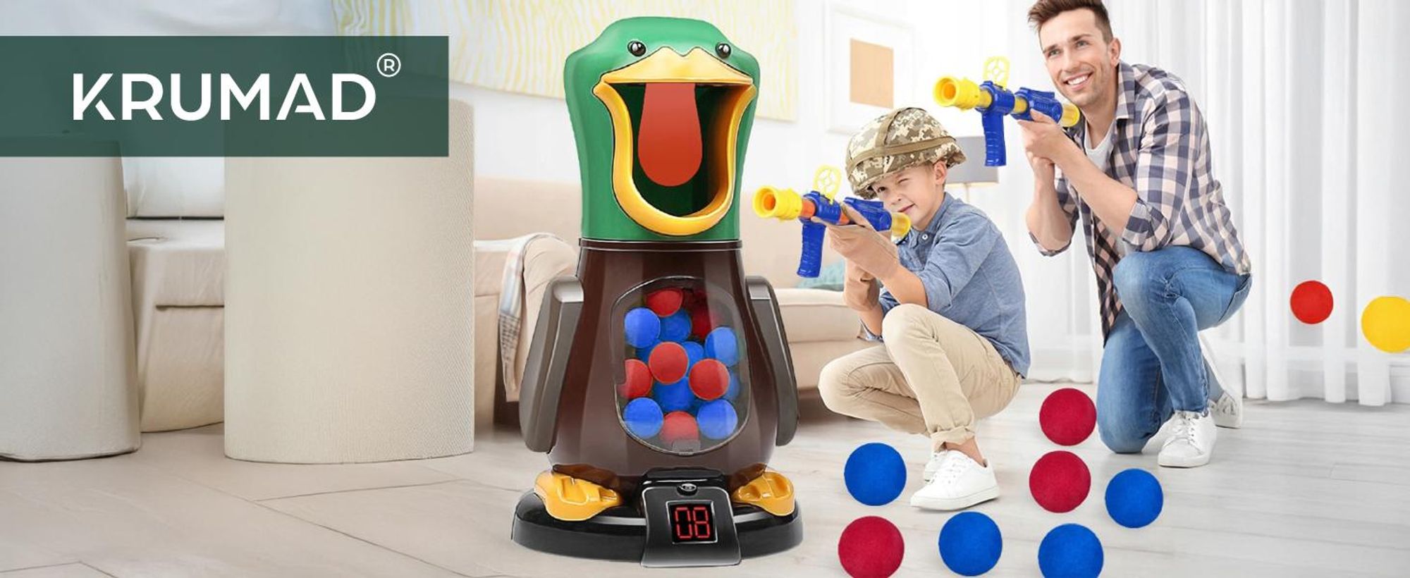 KRUMAD Hungry Duck Spielzeug ab 3 4 5 6 Jahre, Geschicklichkeitsspiel mit 2 Pistolen, 48 Schaumstoffbällen, elektronischem Trefferzähler, Licht Sound