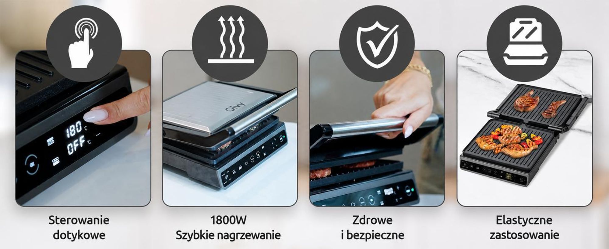 Grill kontaktowy Olvy, 1800W, grill elektryczny, opiekacz do kanapek, 7 programów, opiekacz do panini, grill wewnętrzny, płyty bez PFAS, grill stołowy