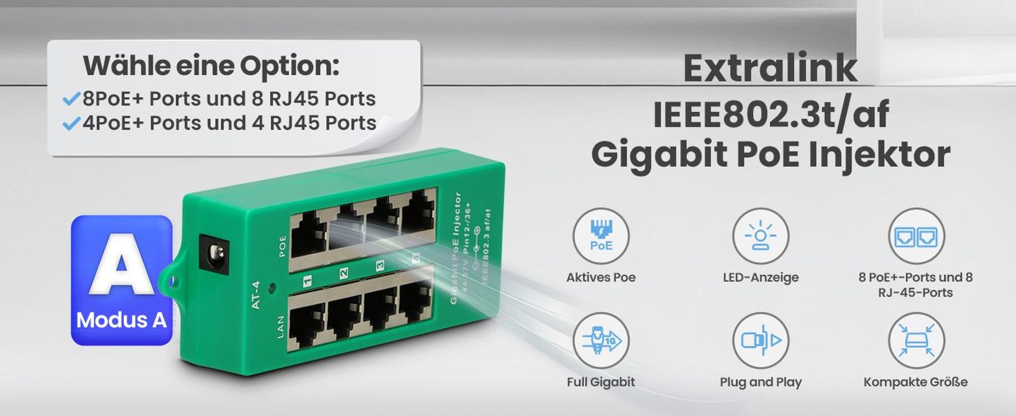 Extralink Gigabit PoE Injector 4 Port RJ45 Plug & Play