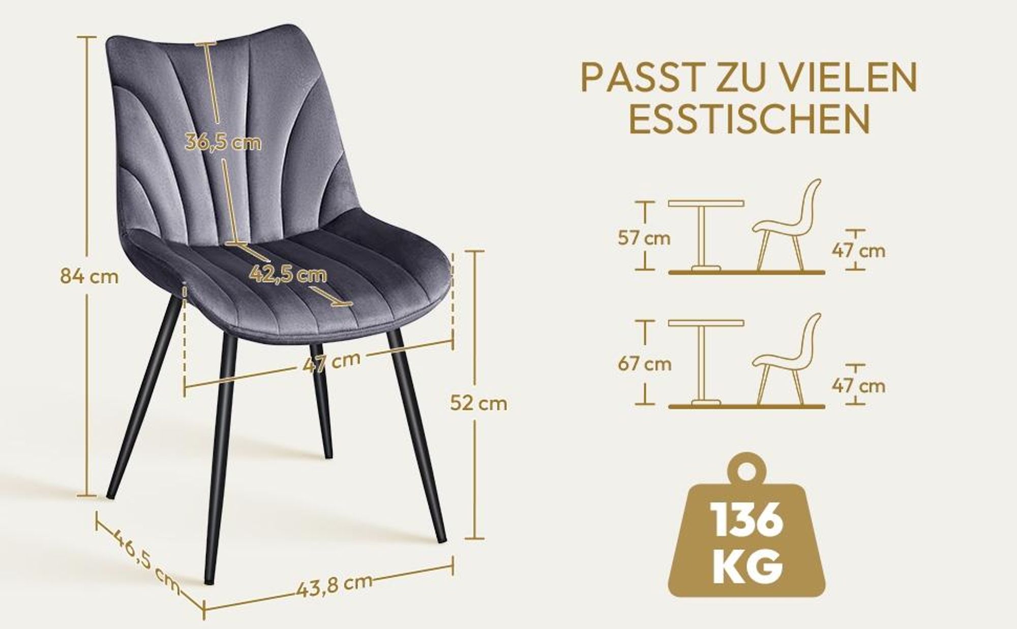 Yaheetech Moderne Esszimmerstühle, 2er Set, mit Metallbeinen, Designer-Stuhl, Dunkelgrau