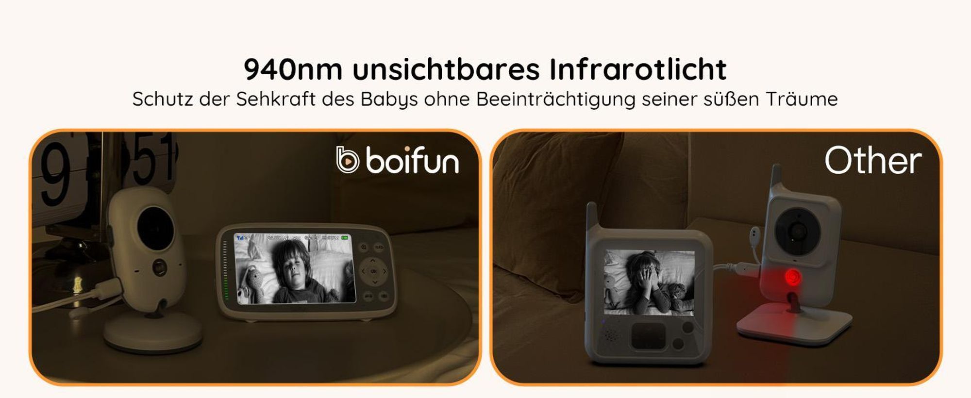 Babyphone mit 3-fachem Zoom, 4-Zoll-Babybildschirm mit 2 Kameras, unsichtbarer IR-Nachtsicht, VOX, Lautstärkeregelung, Schlaflied, Halterung
