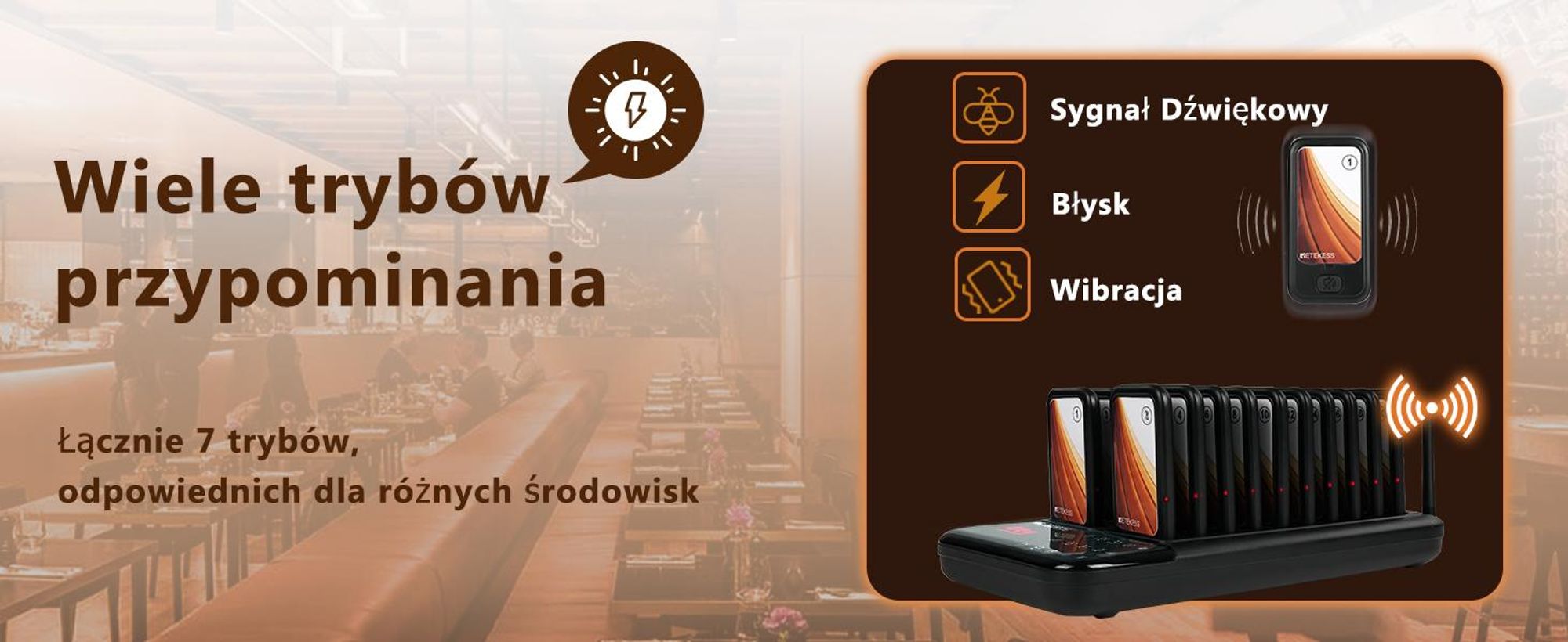 Bezprzewodowy system przywoławczy Retekess TD173, zasięg 500 m, 7 trybów wywoływania, 20 pagerów Z przyciskiem wyciszenia, Dla restauracji  barów