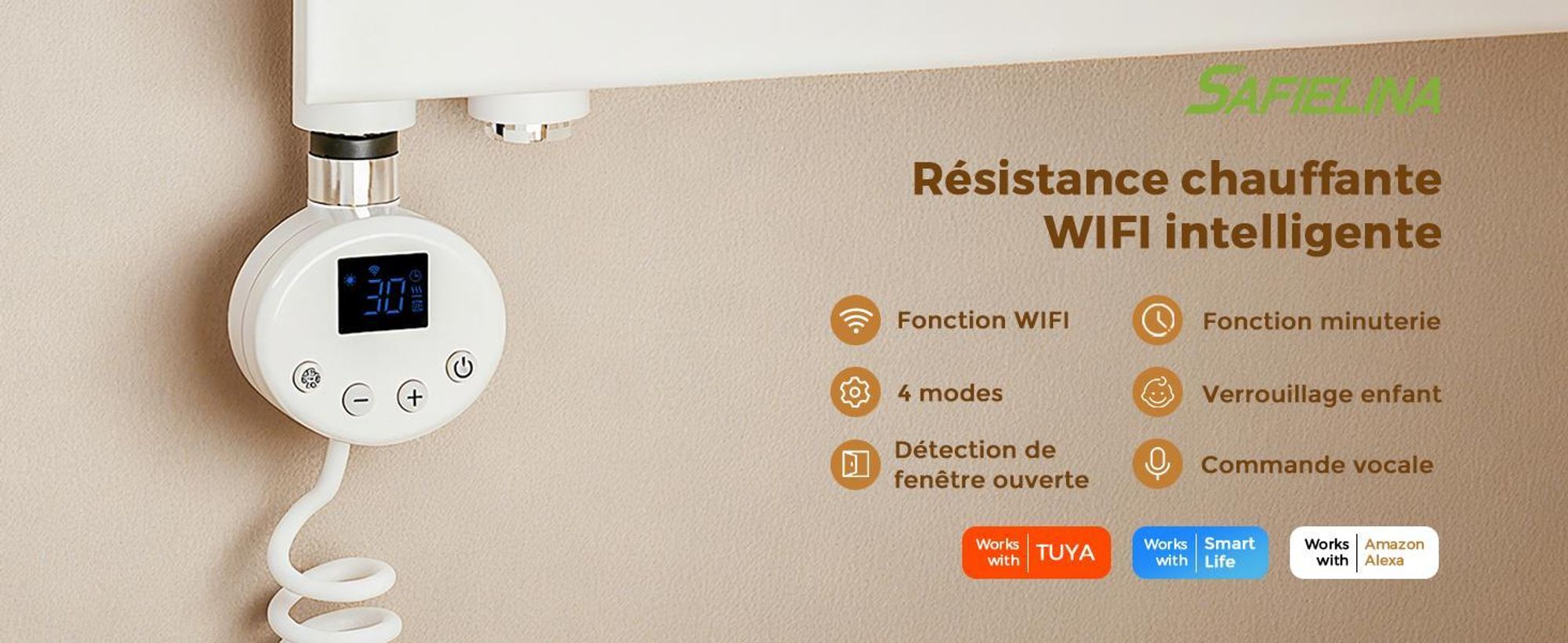 S'AFIELINA thermoplongeur avec thermostat 900W, minuterie programmable & affichage LCD, WiFi, pour radiateur de salle de bain, acier inoxydable, contrôle intelligent, blanc