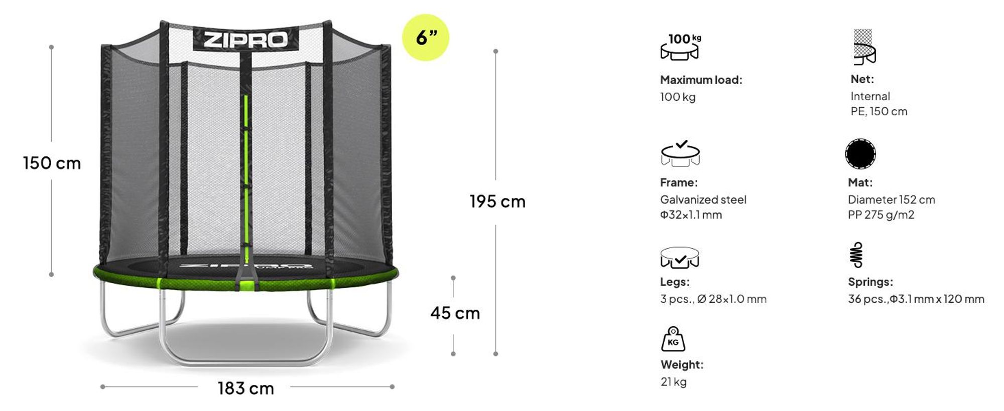 ZIPRO Trampolína Jump Pro Out | 6FT Ø 183 cm | Záhradná trampolína, detská trampolína, kompletná sada vrátane vonkajšej siete, ochranného krytu okrajov, na vonkajšie použitie, zelená