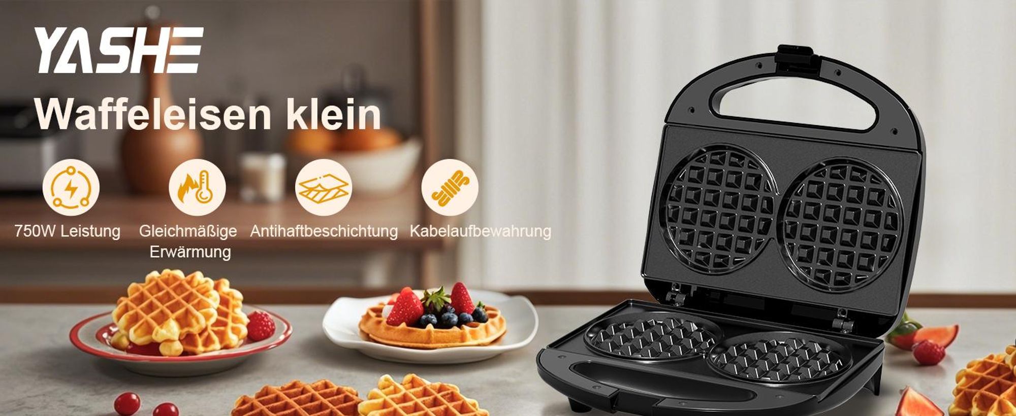 YASHE Mini-Doppelwaffeleisen ABS07-B, 750 W, Antihaft, Schwarz
