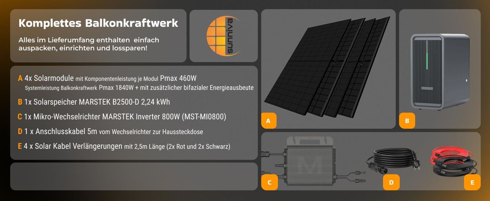 SUNNIVA® 1840W Balkonkraftwerk mit 2,24 kWh Speicher Marstek B2500-D, 4x 460W BIFAZIAL FULLBLACK komplett Steckdose, PV Solaranlage + Solarspeicher