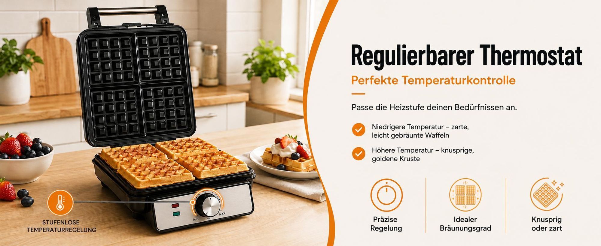 Kalorik Waffeleisen 4 knusprige Waffeln Einstellbarer Thermostat  1500W