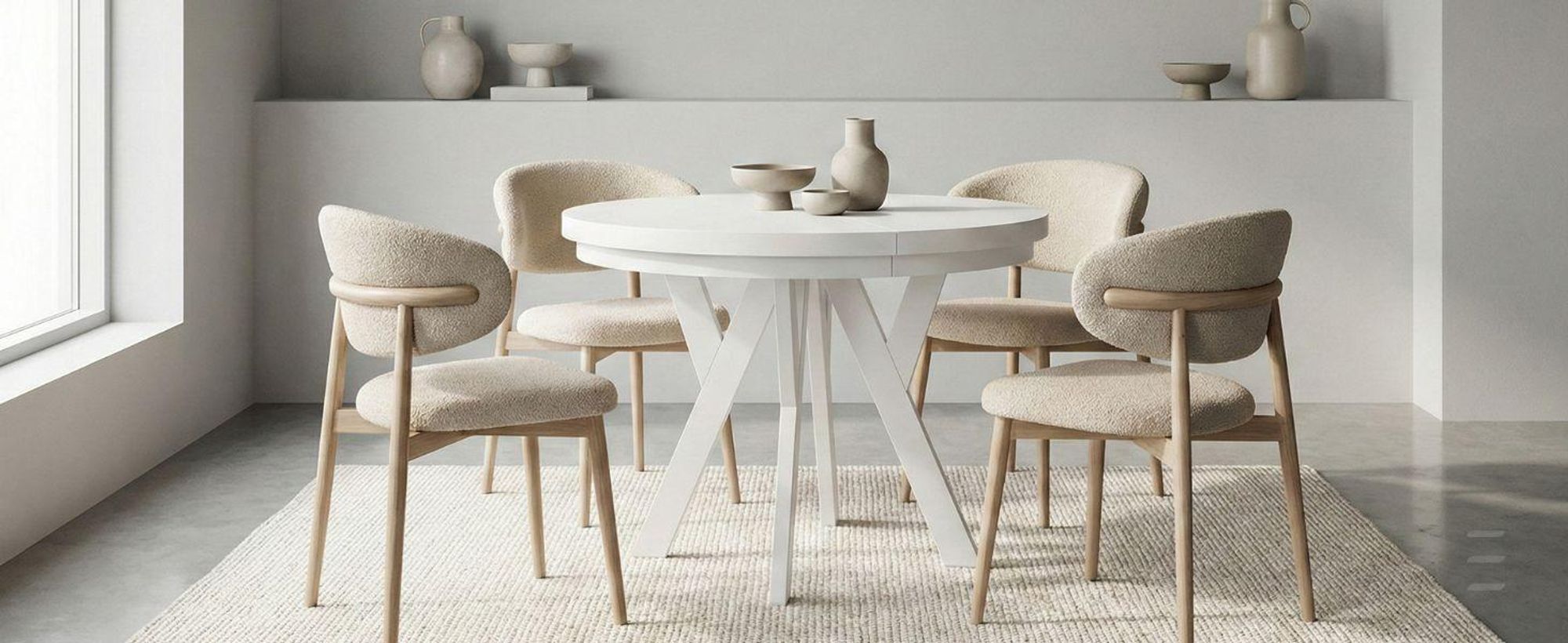 Runder Ausziehbarer Tisch für Esszimmer, PERO mit einem Ring-Gestell, Loft-Stil, Skandinavische, Durchmesser: 90 / 190 cm, Farbe: Weiß