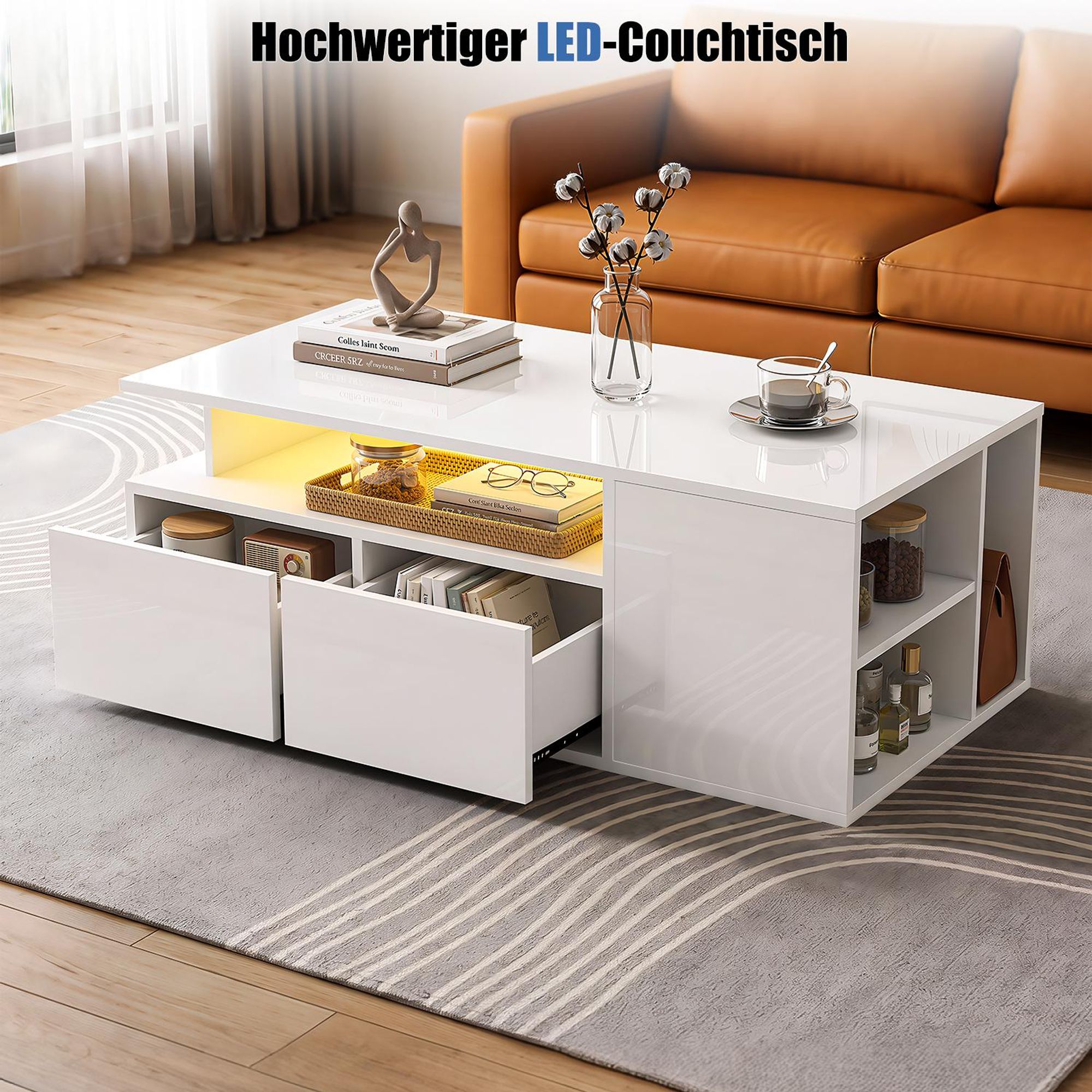 OYAJIA Couchtisch Wohnzimmertisch Hochglanz Design mit LED Beleuchtung & Bluetooth-Fernbedienung.App-Steuerung offenen Fächern,stabil 100 x 50 x 35cm