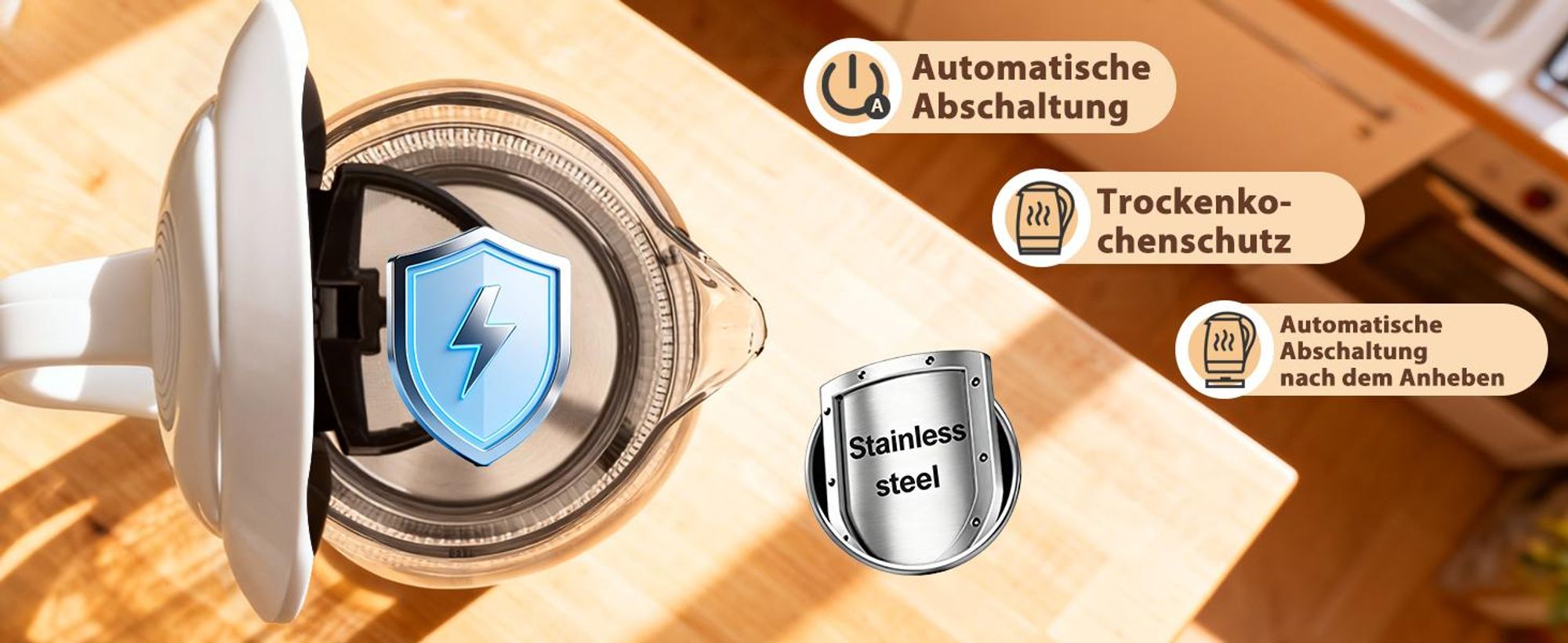 Aigostar Elektrischer Glas Wasserkocher mit LED-Beleuchtung, 2200 Watt, 1,7 Liter, kochtrocknender Schutz, BPA-frei, weiß