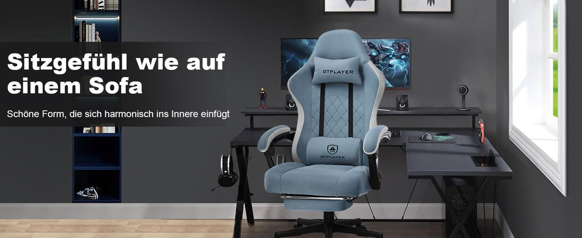 GTPLAYER Herná stolička Ergonomické herné kreslo Stolová stolička PC Gamer Racing Chair s látkovým povrchom, pružinovým sedákom, spojovacími podrúčkami, s podnožkou s nosnosťou do 153 kg Svetlo modrá