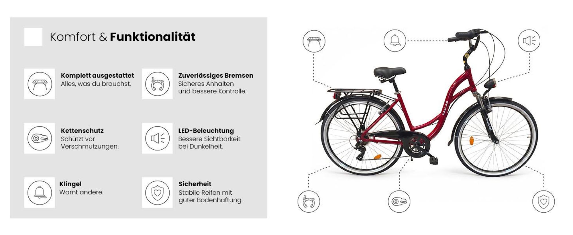 Dallas Bike Fahrrad 28 Zoll - mit Federgabel - Shimano 7-Gang - Aluminium Rahmen L 19" - Rot