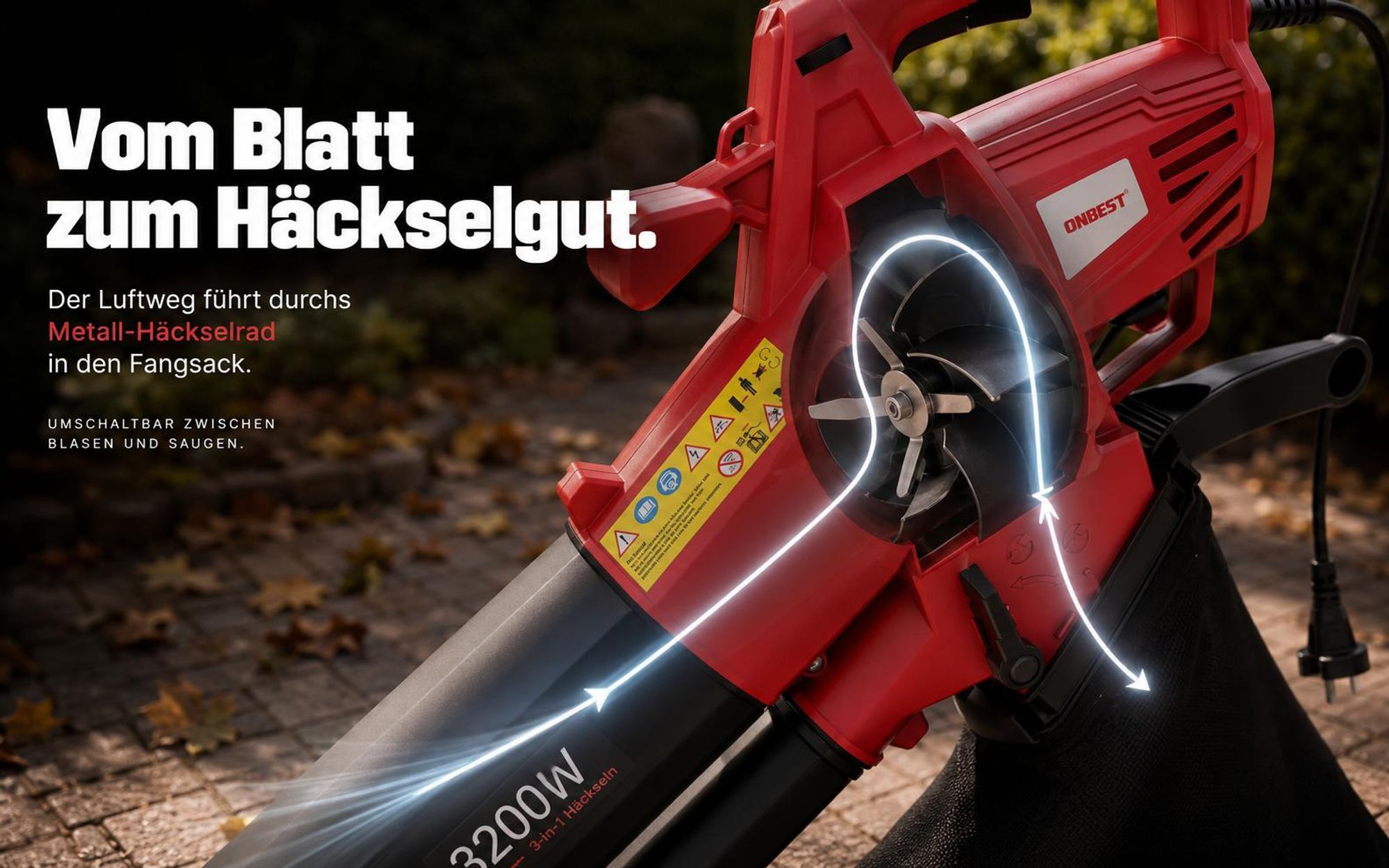 ONBEST LV3245 Laubbläser Elektro | 3in1 Laubsauger | 3200W | 45L Fangsack | 270 km/h | Laubhäcksler 10:1