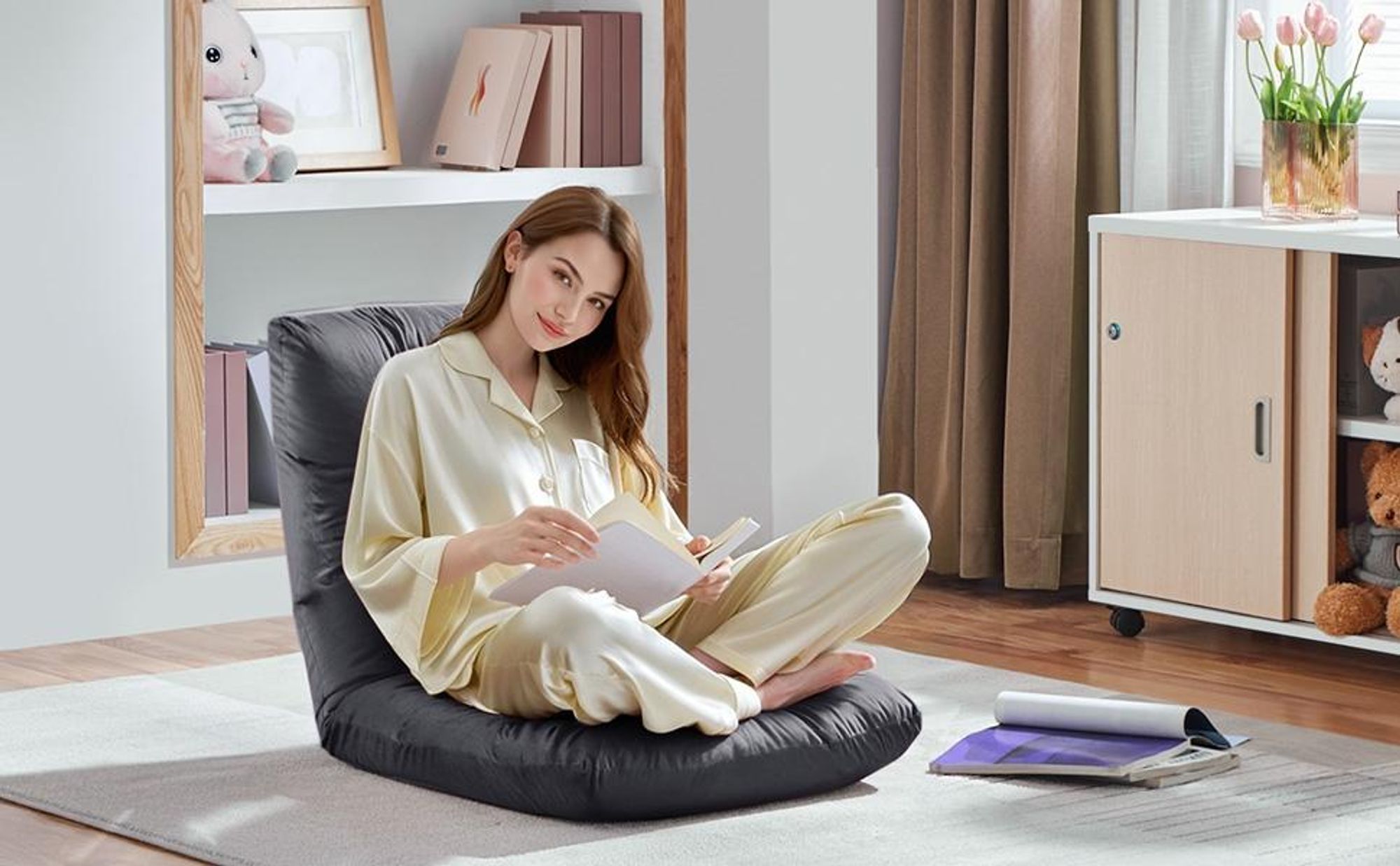 Yaheetech Bodenstuhl mit Verstellbarer Lehne, Bodenkissen mit Rückenlehne, Relaxsessel Faltbar, Meditationsstuhl, Lazy Sofa, Grau