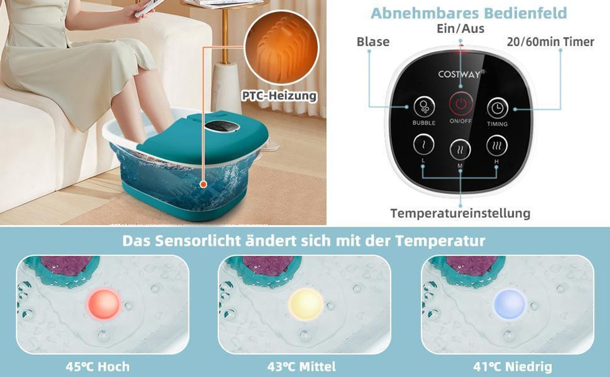 COSTWAY Elektronisches Fußsprudelbad 500W, Shiatsu-Fußmassagegerät klappbar, Fußbad mit 41/43/45℃ Heizung, 3 Modi, 16 Massagerollen & Bimsstein Grün
