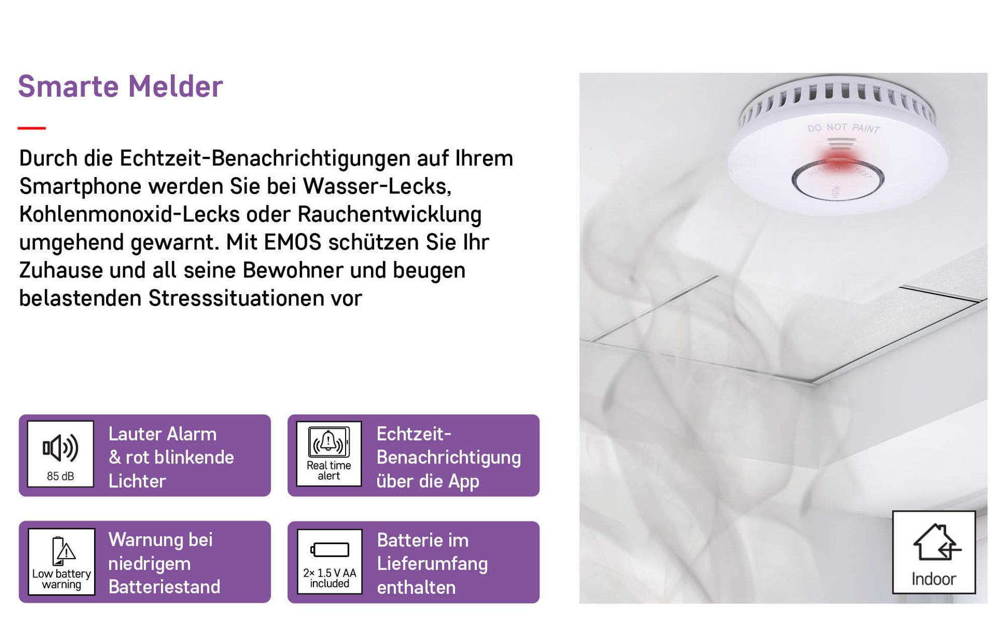 EMOS GoSmart Rauchmelder inkl. Batterie und App, zur Wandmontage, akustische Signalisation 85 dB, optische Warnmeldung, 10 Jahre Lebensdauer, P56500S