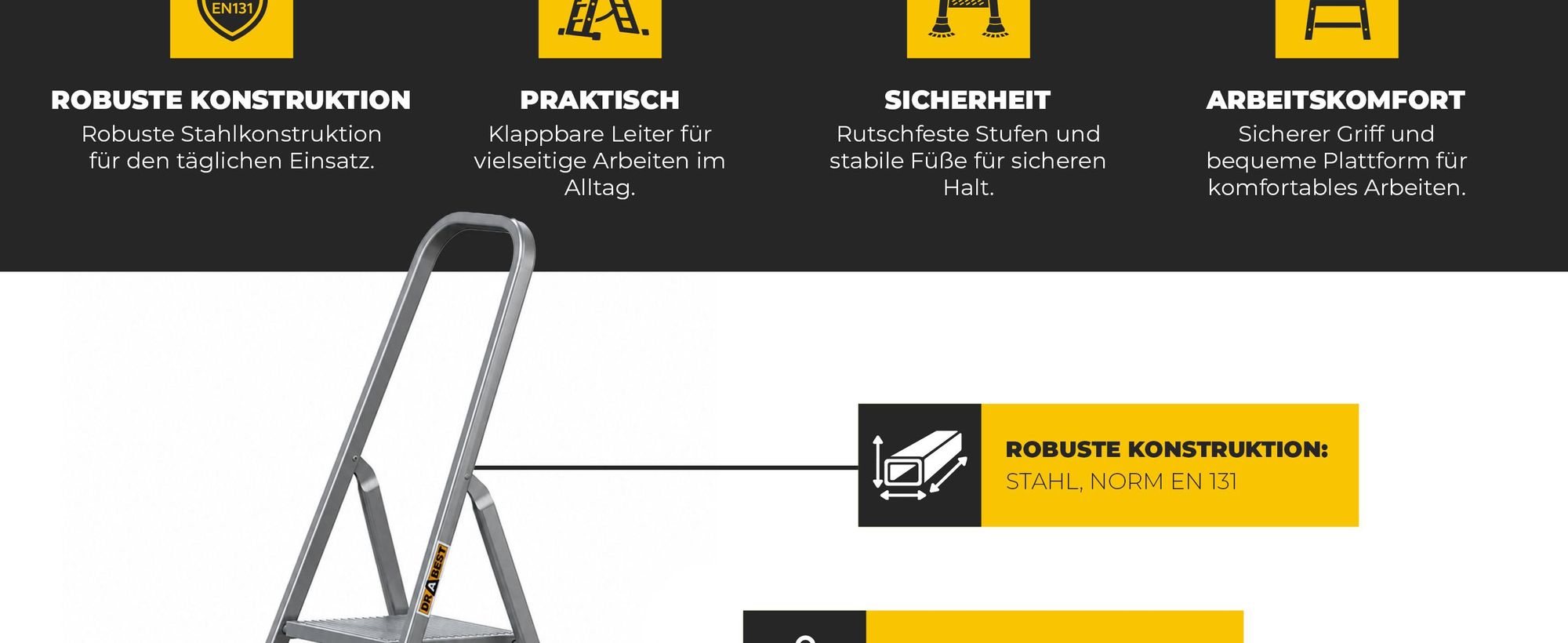 DRABEST | Stahlleiter - Leiter - haushaltsleiter - leiter 4 stufen - Klapptritt - Stahl - Universal - bis 125 kg