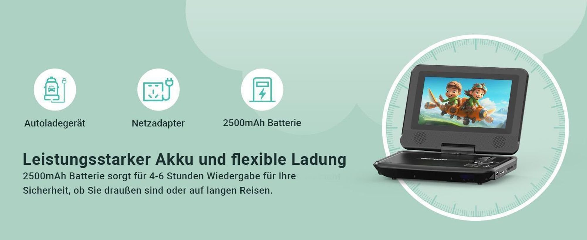 9.5" Tragbarer DVD-Player mit 7.5" HD-Schwenkdisplay, 4h Akkulaufzeit Unterstützt Mehrere Formate/SD/USB, TV/Beamer-Anschluss