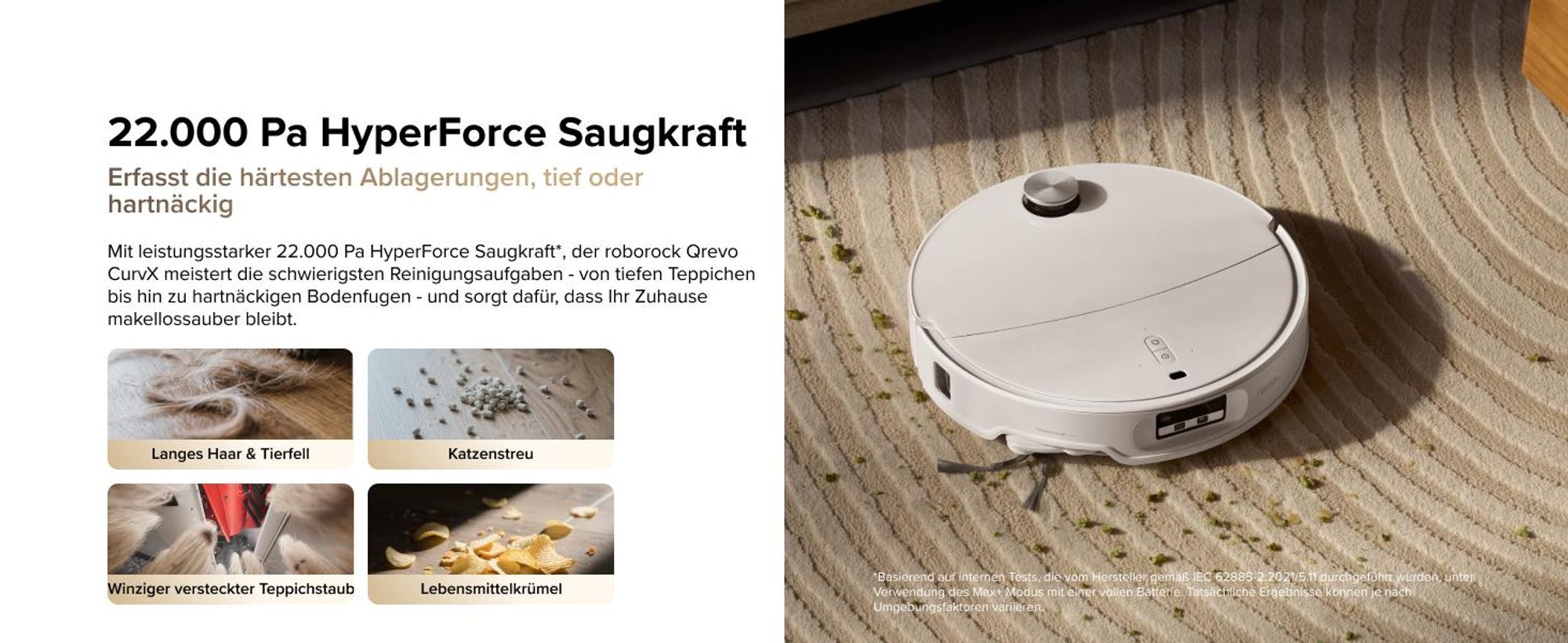 Roborock Qrevo CurvX Saugroboter mit Wischfunktion, 22.000Pa Saugkraft, 7,98 Ultra Slim, Dual Anti-Tangle-System, Reactive Al-Hinderniserkennung(Weiß)