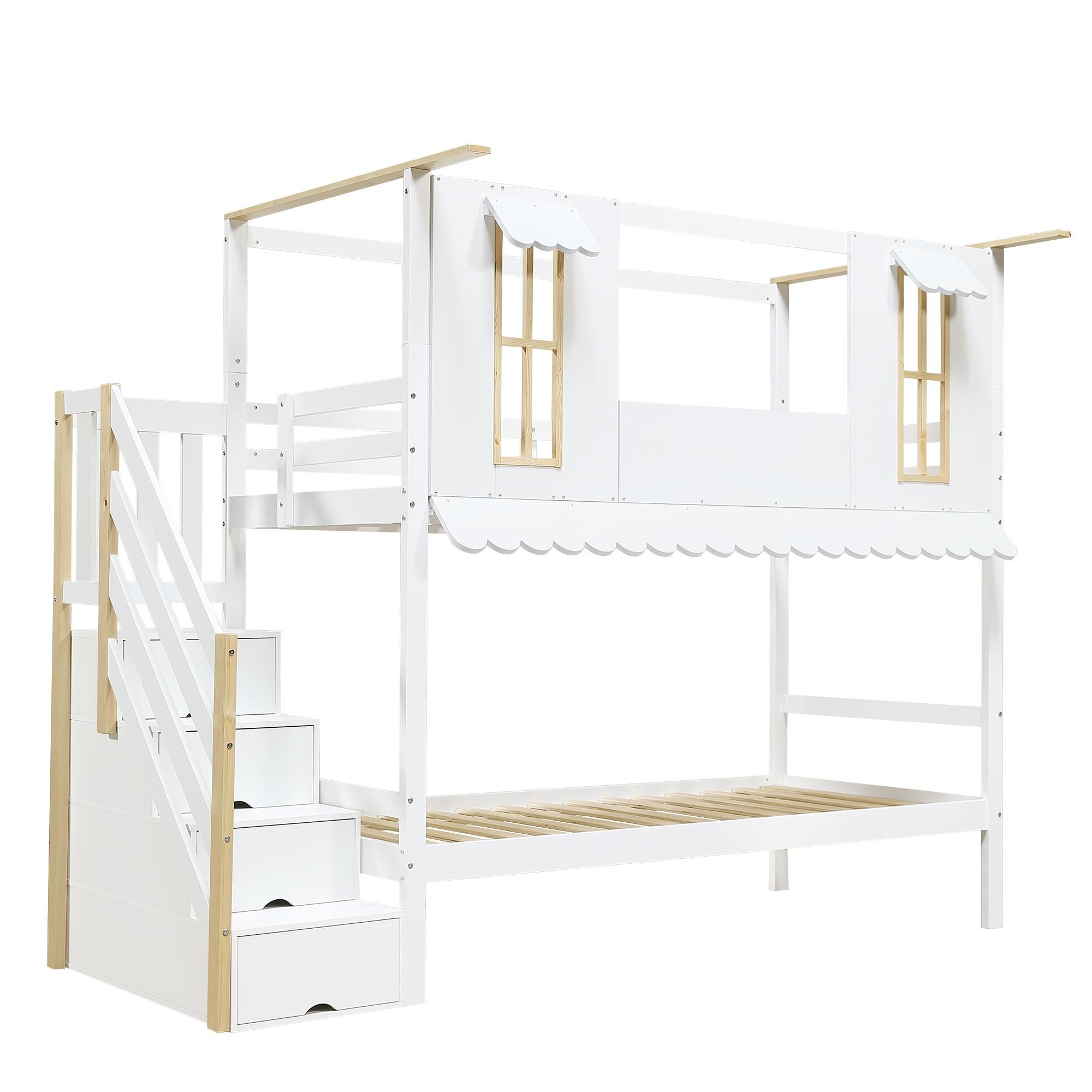 Flieks Etagenbett 90x200cm mit Rausfallschutz, Kinderbett Hausbett mit Fenster, Hochbett mit Lattenrost und Stauraumtreppe, Stockbett Weiß