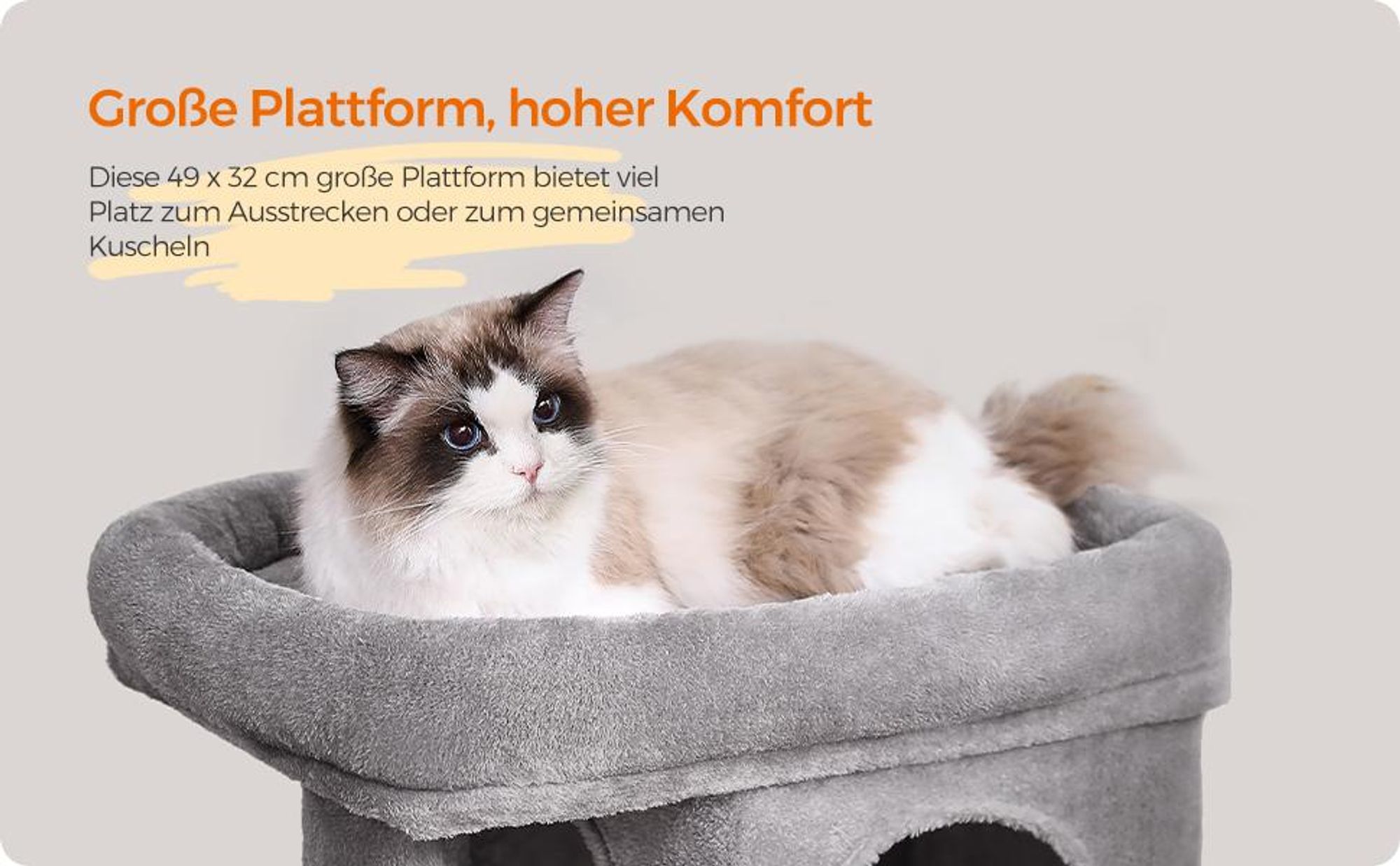 Feandrea Kratzbaum, 74 cm Katzenbaum, M, Katzenhaus für mittelgroße Katzen bis zu 5 kg, große Plattform, 2 Katzenhöhlen, Sisalstämme, hellgrau PCT612W01