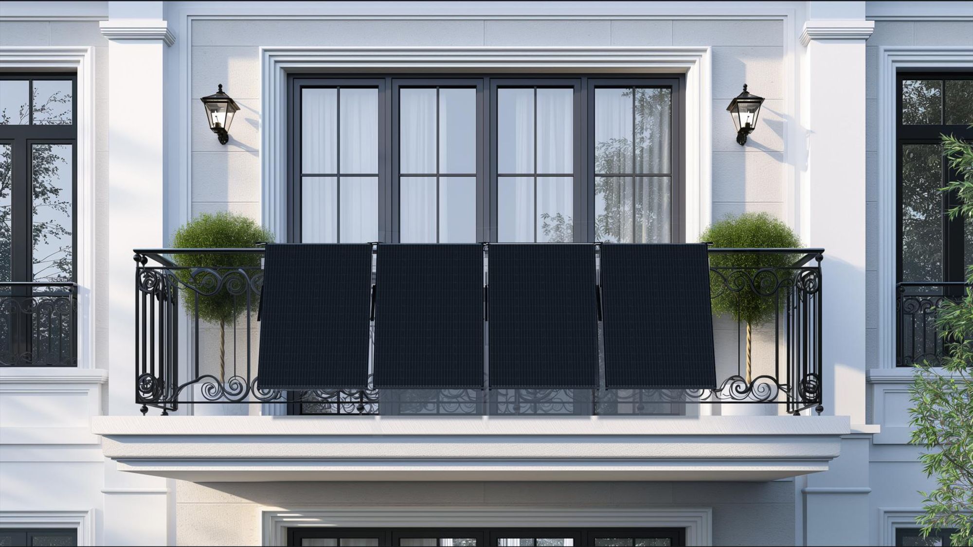 Sunshare RAY 200W Full Black Solarmodule an einem modernen Balkon