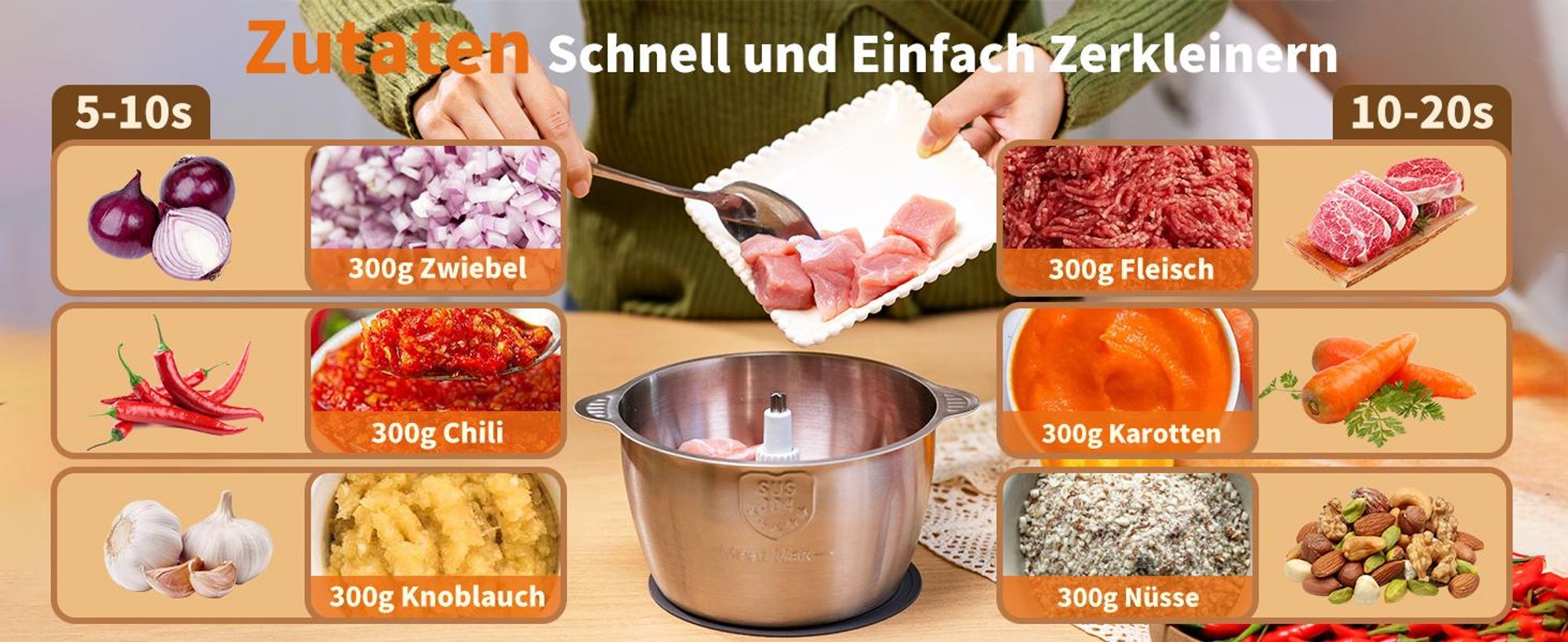 Aigostar Fleischwolf Zerkleinerer küche elektrisch, Multizerkleinerer für Fleisch, 500W, 2 Geschwindigkeiten, 4 Edelstahlklingen