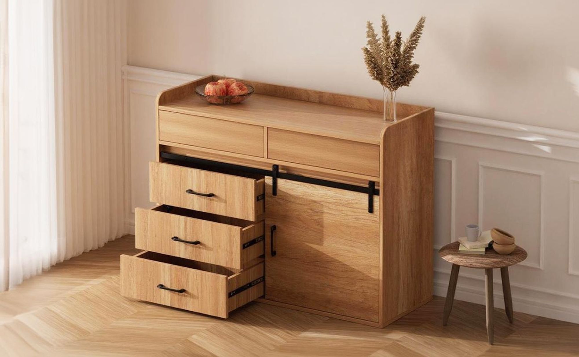 HOMAVO HG1-S Sideboard 107 cm – Modernes Wohnzimmer Sideboard mit 3 Schubladen, 1 Schiebetür & 2 offenen Fächern,Holz