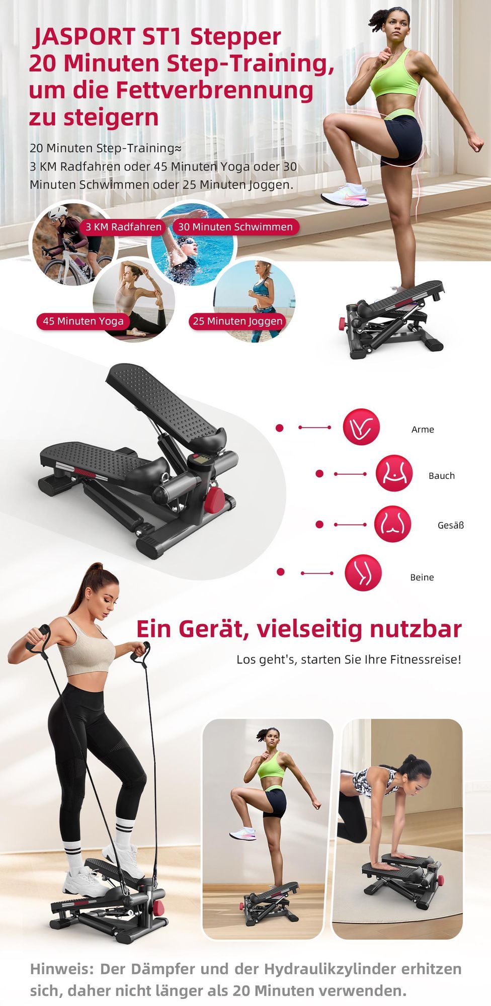 JASPORT ST1 Mini-Stepper, 2-in-1 mit Power Ropes, LCD, Einstellbarer Widerstand, für Bein- & Armtraining, Leise & Kompakt, max. 100kg Belastung