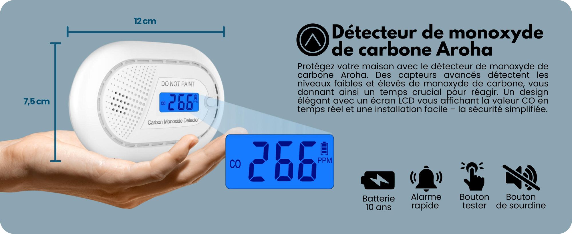 Aroha Safety Pro Détecteur de Monoxyde de Carbone - Batterie de 10 ans - Detecteur Monoxyde Carbone, Capteur de CO