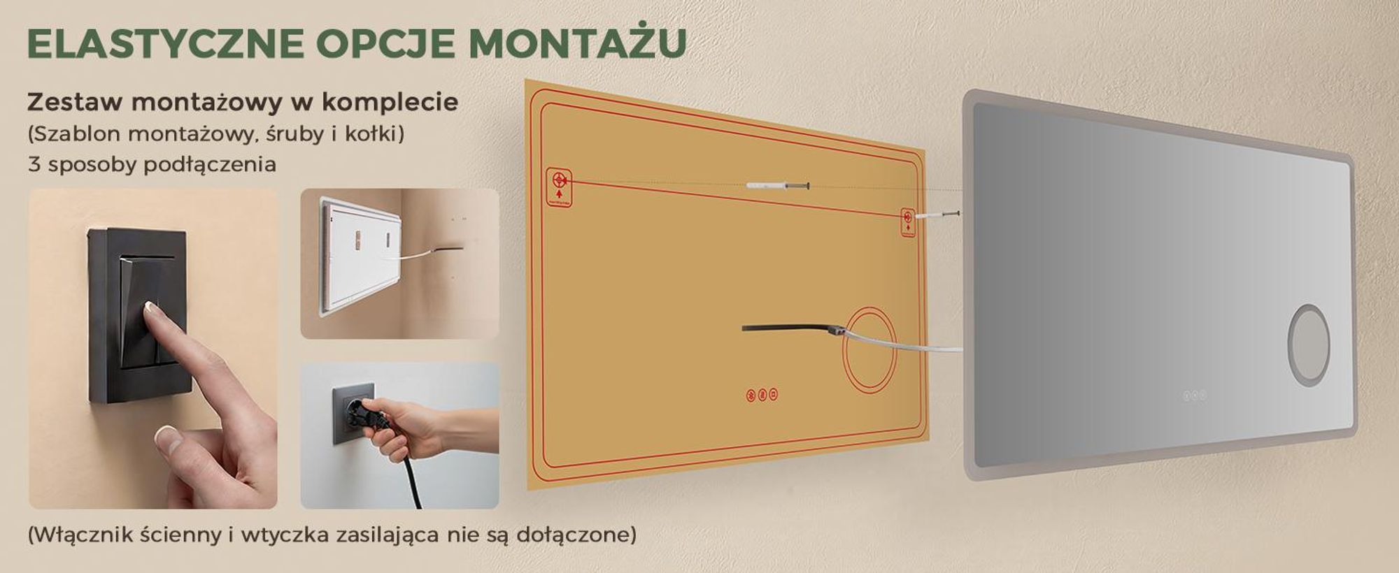 S'AFIELINA Lustro łazienkowe LED z Bluetooth 5.3, 120 × 60 cm, Lusterko 3×, funkcja antyparowa, 3 barwy światła, ściemnianie, dotyk & pamięć