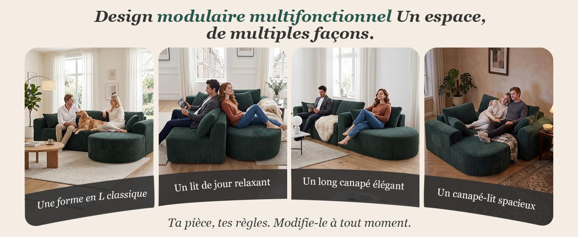 Canapé d'angle COMHOMA avec fonction convertible, 263 cm, en velours, modulaire, sans structure visible, avec chaise longue, canapé d'angle convertible, canapés modulaires avec coussins et poche latérale