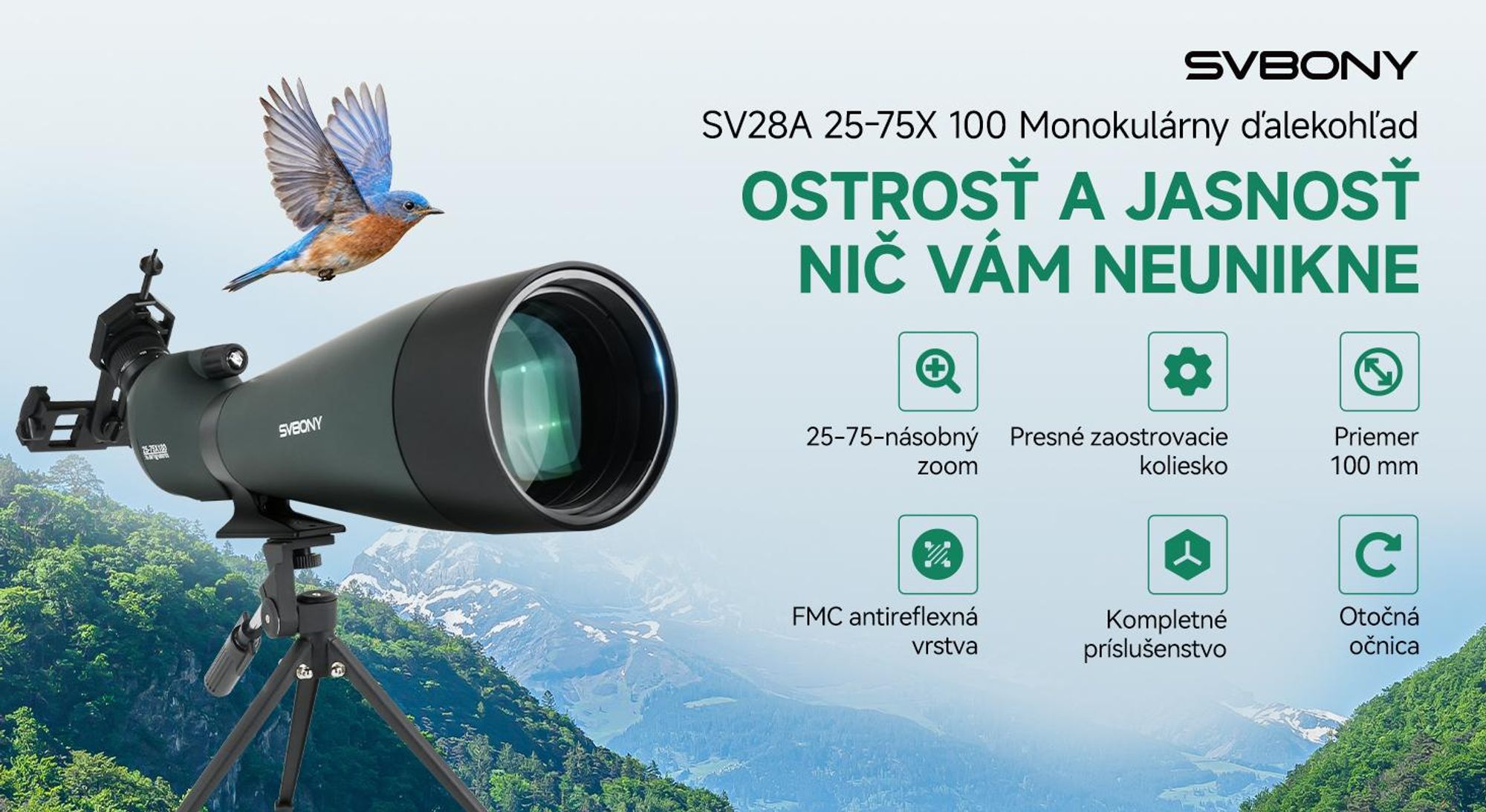 Svbony SV28 25-75x100mm pozorovací ďalekohľad, veľké zorné pole, H-K9L Porro Prism FMC, ďalekohľad s adaptérom pre mobilný telefón a puzdrom na statív