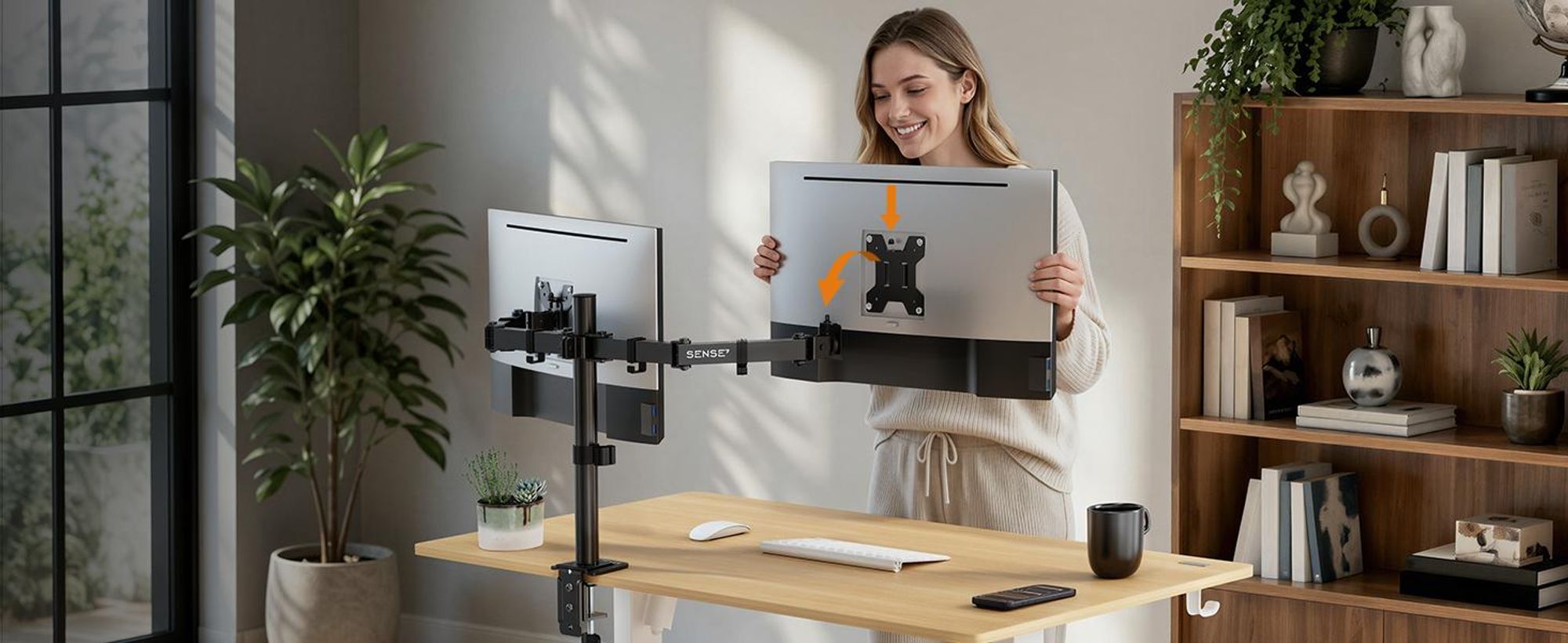 SENSE7, závesné osvetlenie, držiak na dvojité monitory, pre obrazovky 17-32 palcov, štandard VESA, nosnosť 2x9 kg, otočný mechanizmus s plynovou pružinou, stolová doska pre 2 monitory, čierna farba, ergonomický dizajn