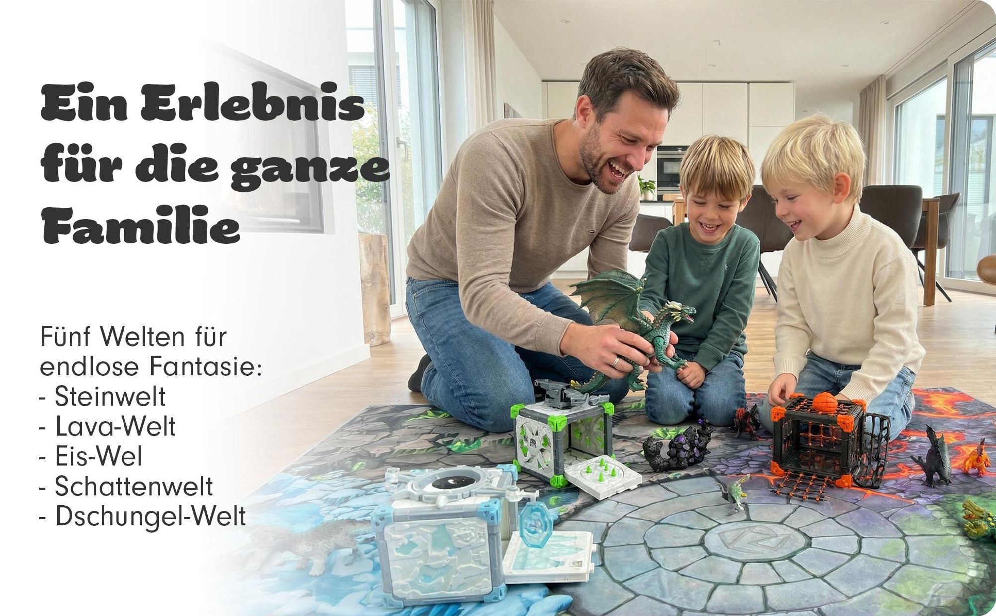 SkippiDoo Spielteppich Fantasy 160x160cm – 5 Welten mit Battle Arena – Lava, Eis, Dschungel, Stein und Schatte – rutschfest für z.B. Eldrador® passend